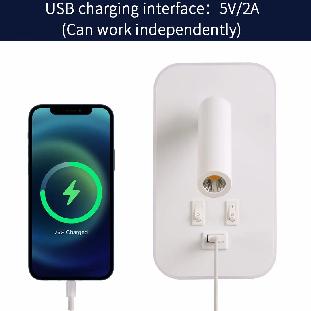 Lampada da Parete a LED, Lampada da Lettura da Comodino, con Porta di Ricarica USB, Faretto Regolabile con Luce Ambientale per Camera da Letto (3W 3100K+9W 6000K) Bianco