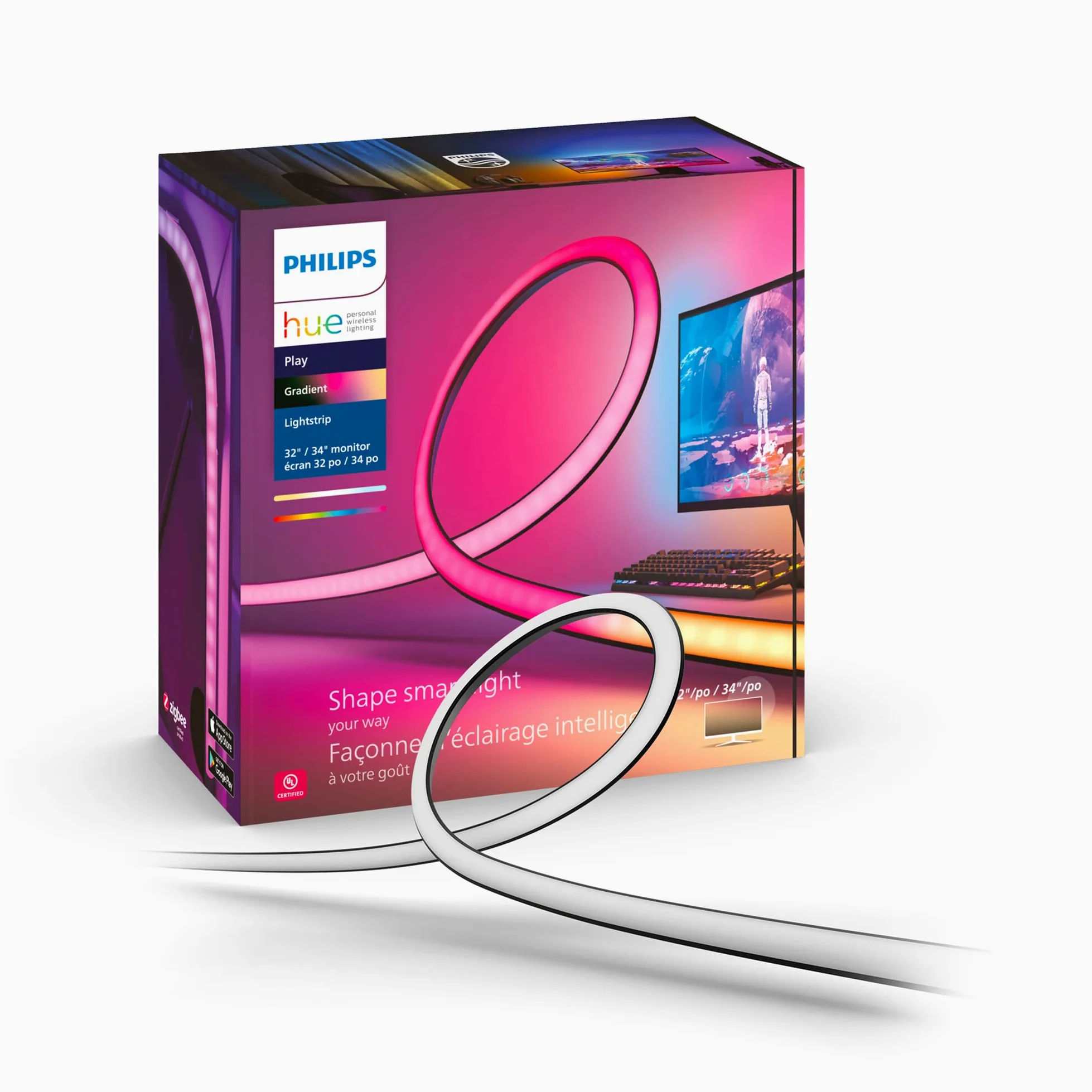 Philips Hue Play, Lightstrip Gradient per PC, 32-34" | 23 W, Smart LED, Smart Home, Luce multicolore reattiva, Sincronizzazione Hue Sync, Hue Bridge incluso