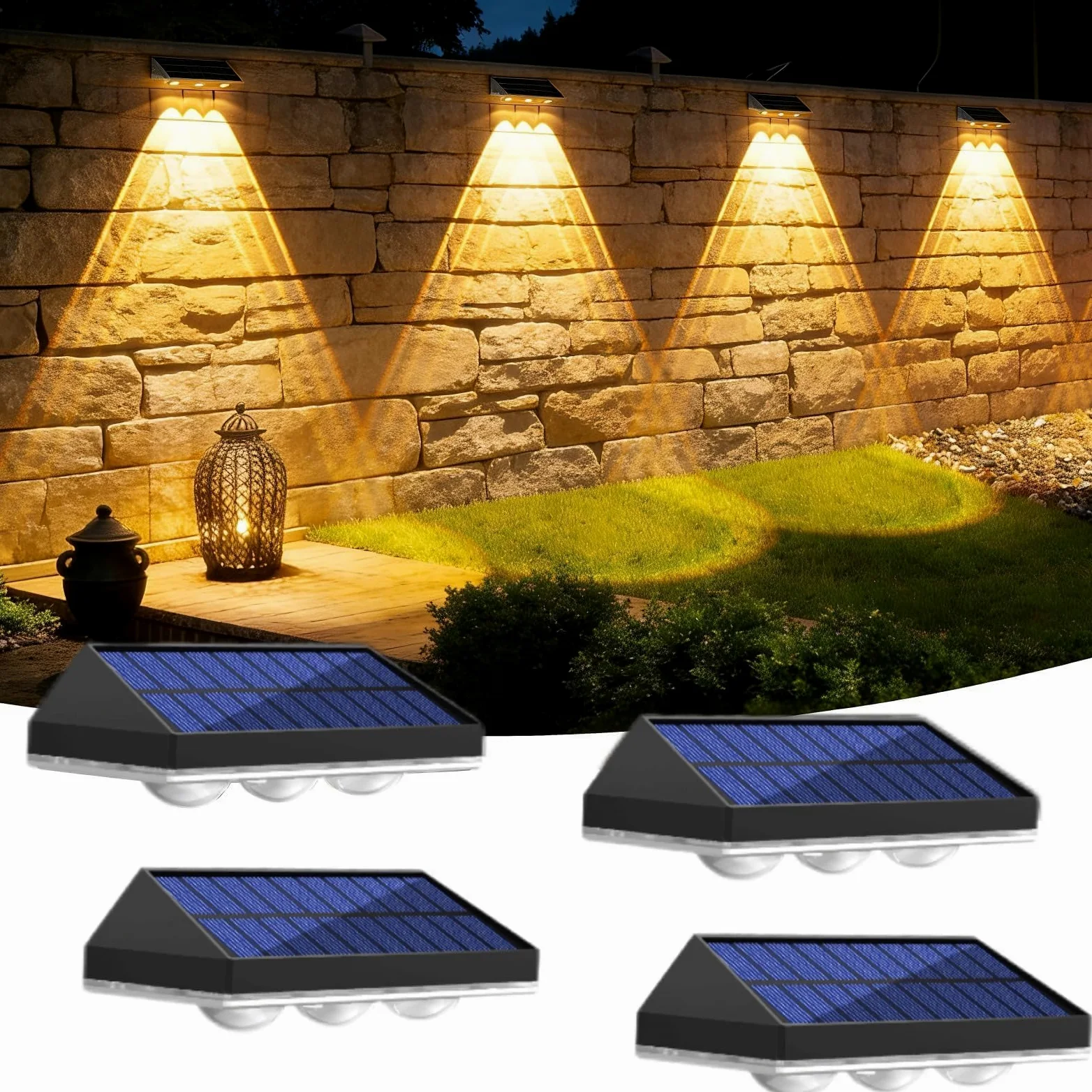 Luci Solare Muro Esterno Giardino, Lampada da Parete Solare, 3 Modalità di Temperatura del Colore, IP65 Impermeabile, Applique da Esterno Solari per Esterni Parete, Balcone, Recinzione, 4 Pezzi