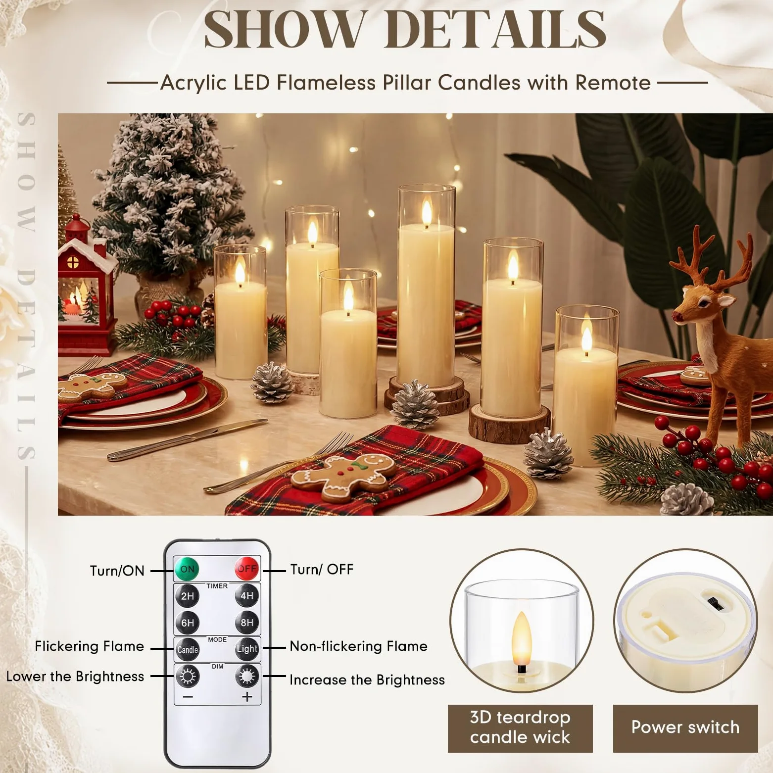Retisee Confezione da 60 candele a LED in acrilico senza fiamma tremolanti con timer remoto (D 2,2 x H 12,7 cm, 15,2 cm, 17,8 cm), stoppino 3D in vera cera, funzionamento a batteria, per decorazione
