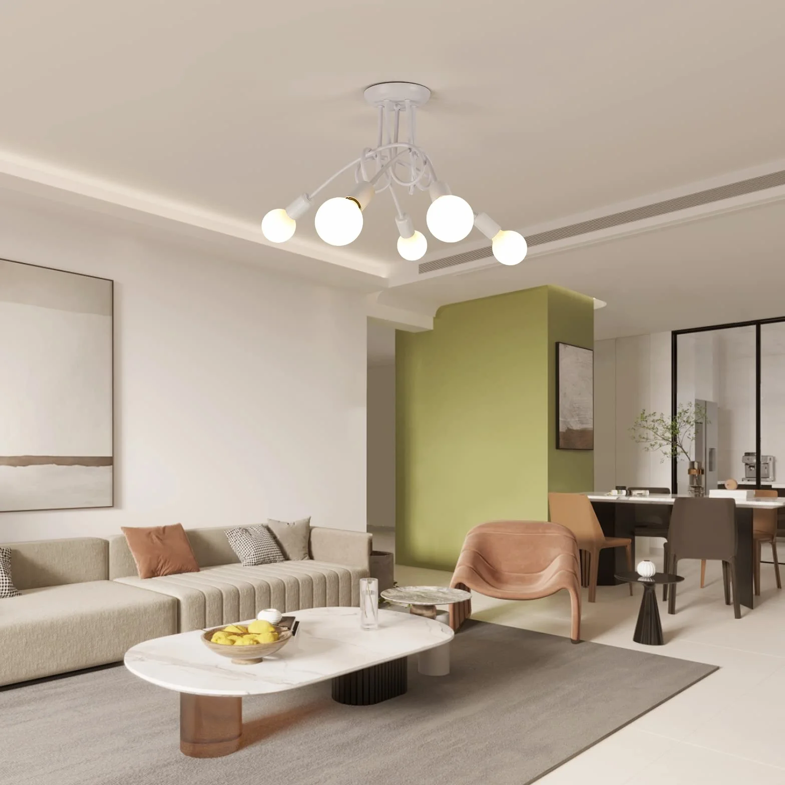 Riserva Lampadario Vintage, Plafoniera Soffitto Industriale E27, 5 Luci Lampada da Soffitto in Metallo per Soggiorno, Cucina, Camera da Letto, Ristorante, Cafe, Bianco (senza lampadine)
