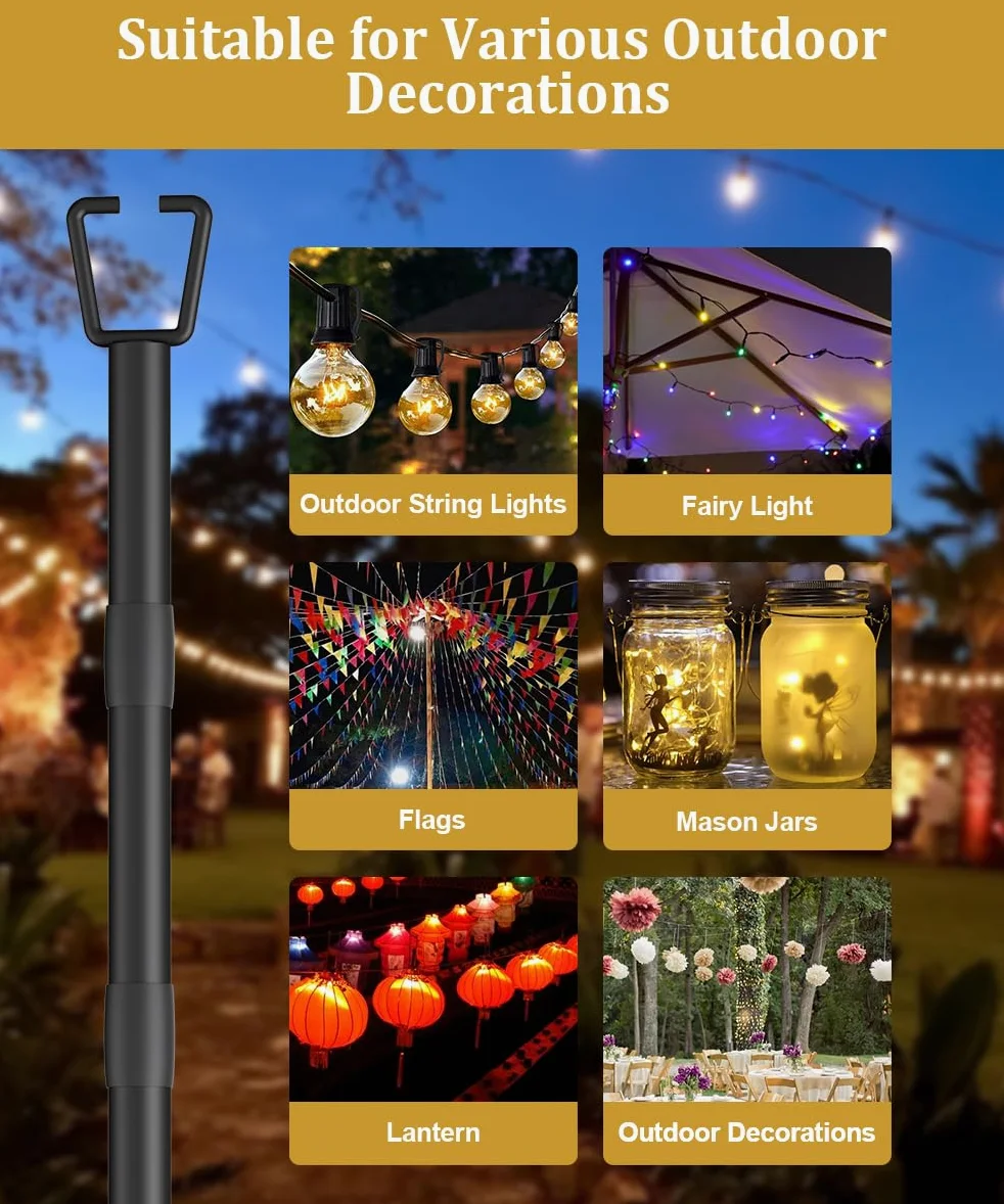 Confezione da 2 pali luminosi da 3 m per decorazione esterna, robusto palo luminoso con forchetta, pali in metallo regolabili per patio esterno, cortile, terrazza, giardino, feste, matrimoni