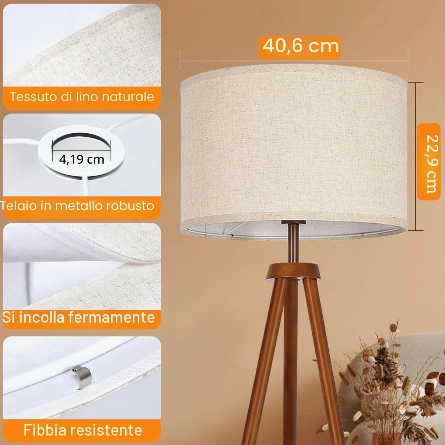 OUTON Beige Grande Paralume per Lampade da Terra, 40,6cm Alto x 40,6cm Basso x 22,9cm Altezza, Facile da Montare, Paralumi a Forma di Tamburo in Lino per Lampade da Tavolo