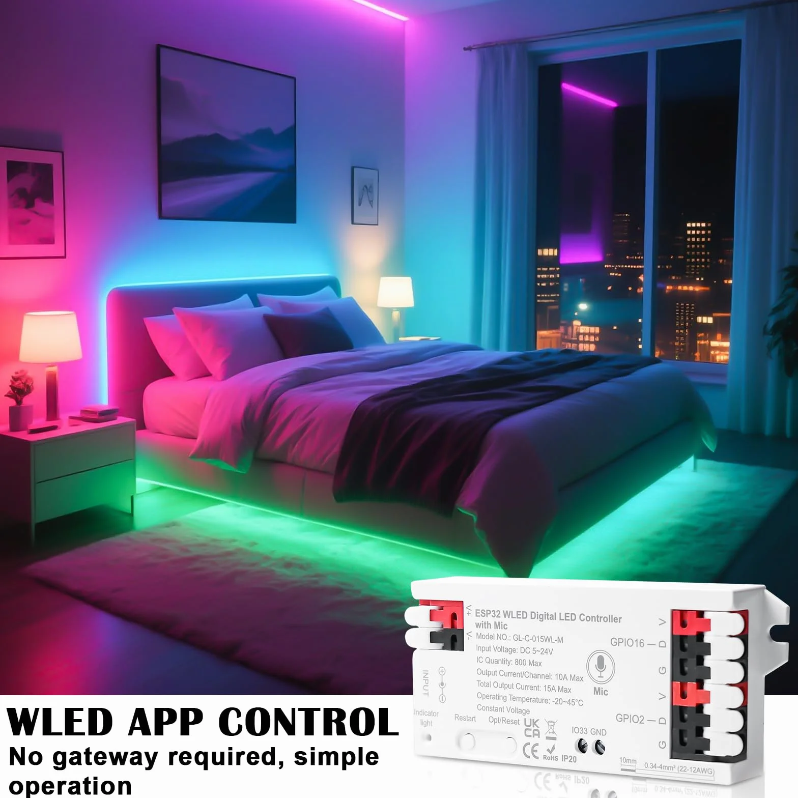 Confezione da 2 controller WLED con microfono: ESP32 DC 5V-24V Digital LED Strip Controller per striscia LED indirizzabile Digital RGB IC WS2811 WS2812B SK6812 WS2815 RGBW striscia LED indirizzabile