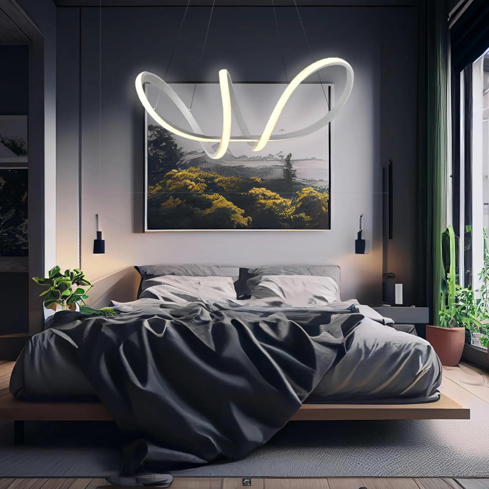 Arcadia Lampadario Led a Sospensione Soffitto Design Moderno Luce Calda Fredda Dimmerabile Plafoniera Con Telecomando e App Cellulare Lampada Soggiorno Salotto Cucina Camera Da Letto 3400LM 56W 60Cm