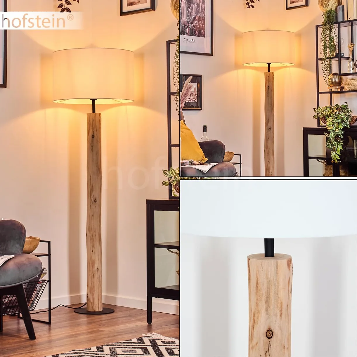 Lampada da terra Flemming, lampada da terra in legno/metallo/tessuto colori naturale/nero/bianco, design scandinavo con paralume rotondo (Ø 50 cm) e interruttore a pedale, E27, senza lampadina