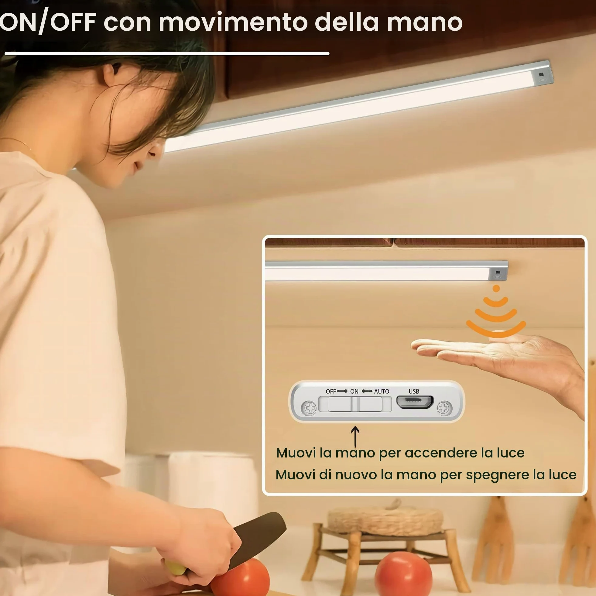60cm Luce LED Sottopensile con Sensore Movimento a Mano,Barra Luminosa Ricaricabile USB 4500mAh 3Colori Dimmerabile,LED Magnetica Funzione Memoria Senza Fili per Cucina,Armadio,Bagno