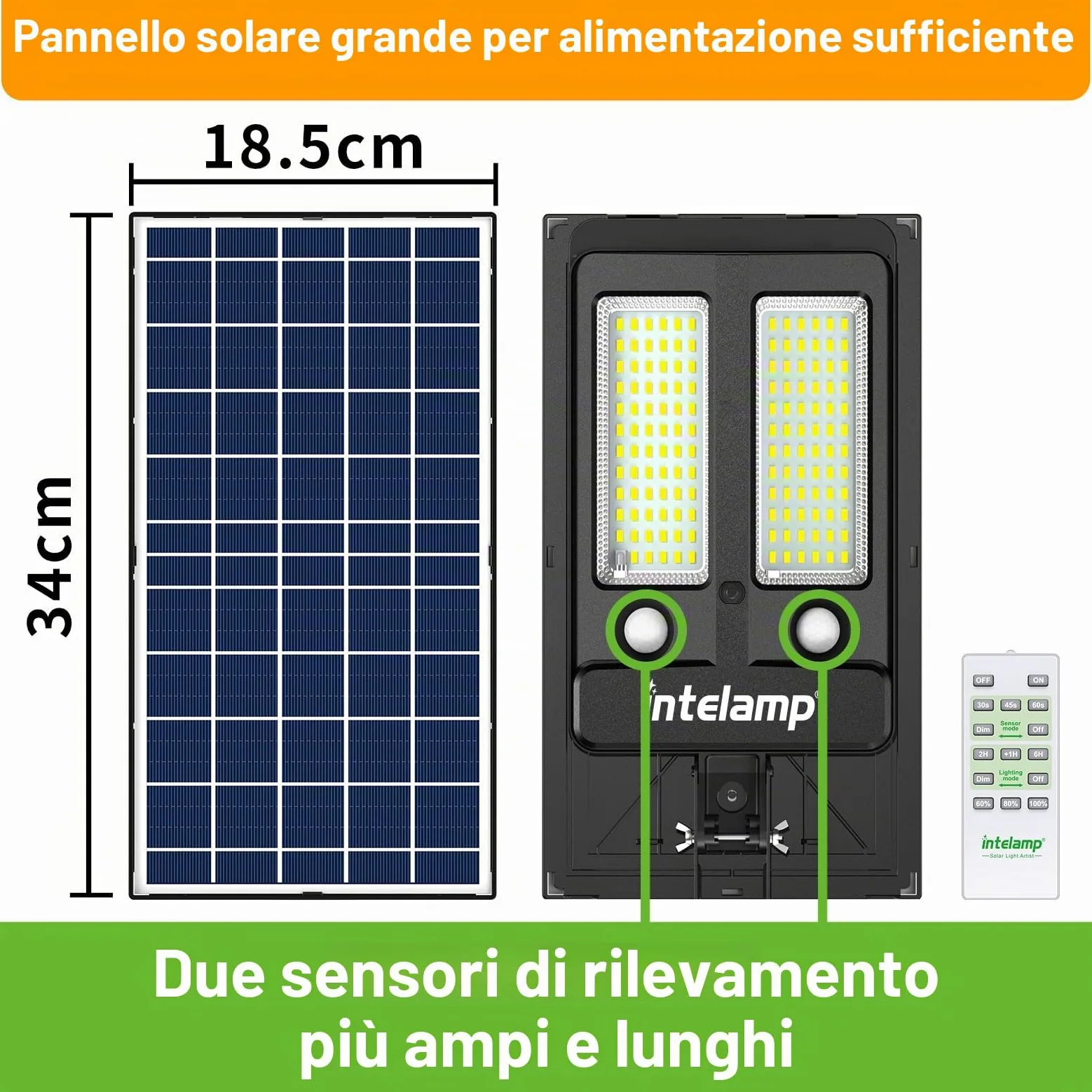 INTELAMP Lampade solari per esterni con sensore di movimento e telecomando, 12500mAh 3000LM, lampade solari per esterni per illuminazione di terrazza, garage, strade, IP65 impermeabile