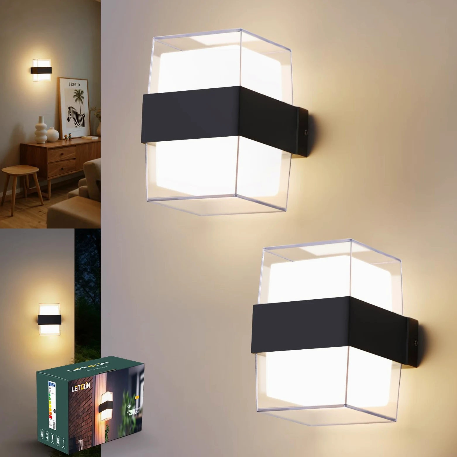 12W Applique da Parete LED Interno, IP65 Lampada da Esterno a Parete Moderna, 1200LM 3000K Up-and-Down Illuminazione, Luce Bagno da Muro per Soggiorno, Camera da Letto, Balcone, Nero 2 Pezzi