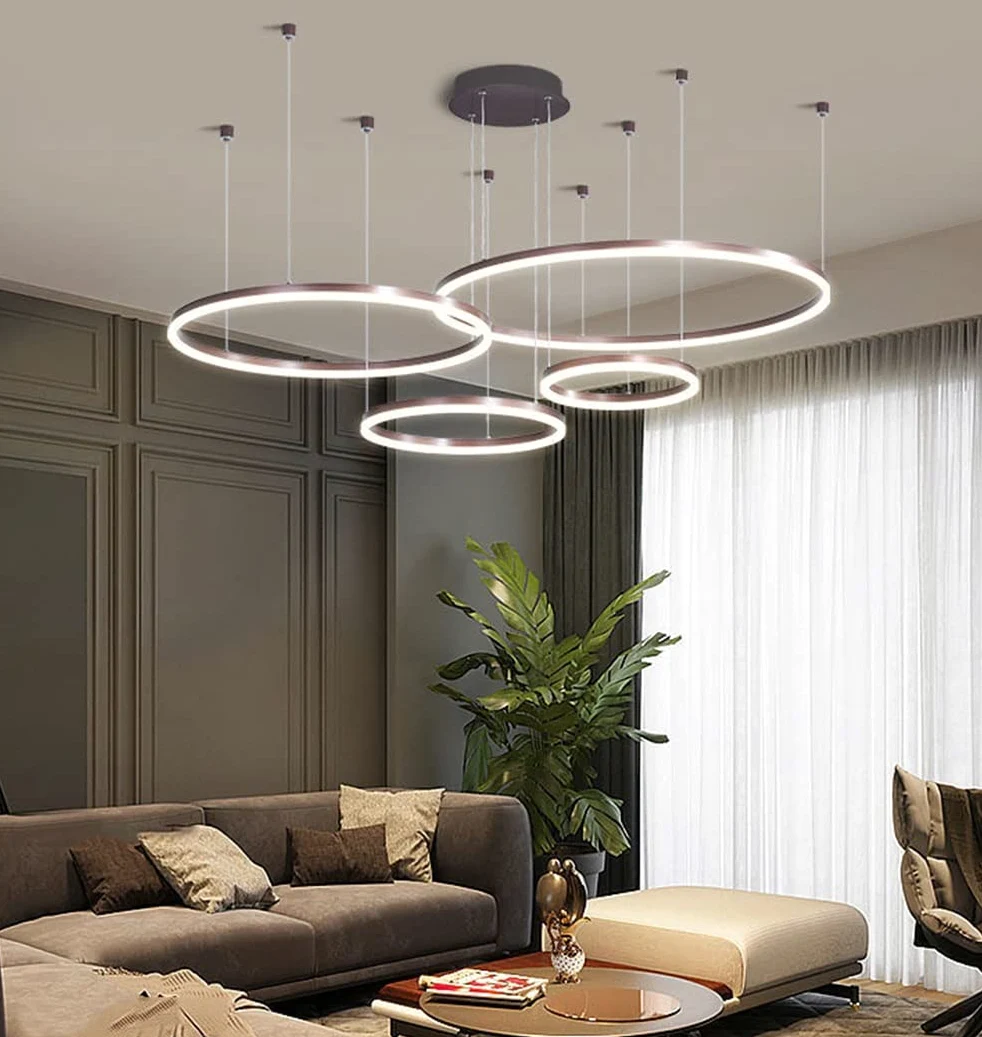 Moderna lampada a sospensione a LED, 4 anelli collezione di vernice oro, applique a sospensione a luce regolabile Lampadario a soffitto moderno, dimmerabile con telecomando 3000K-6000K - 68W (