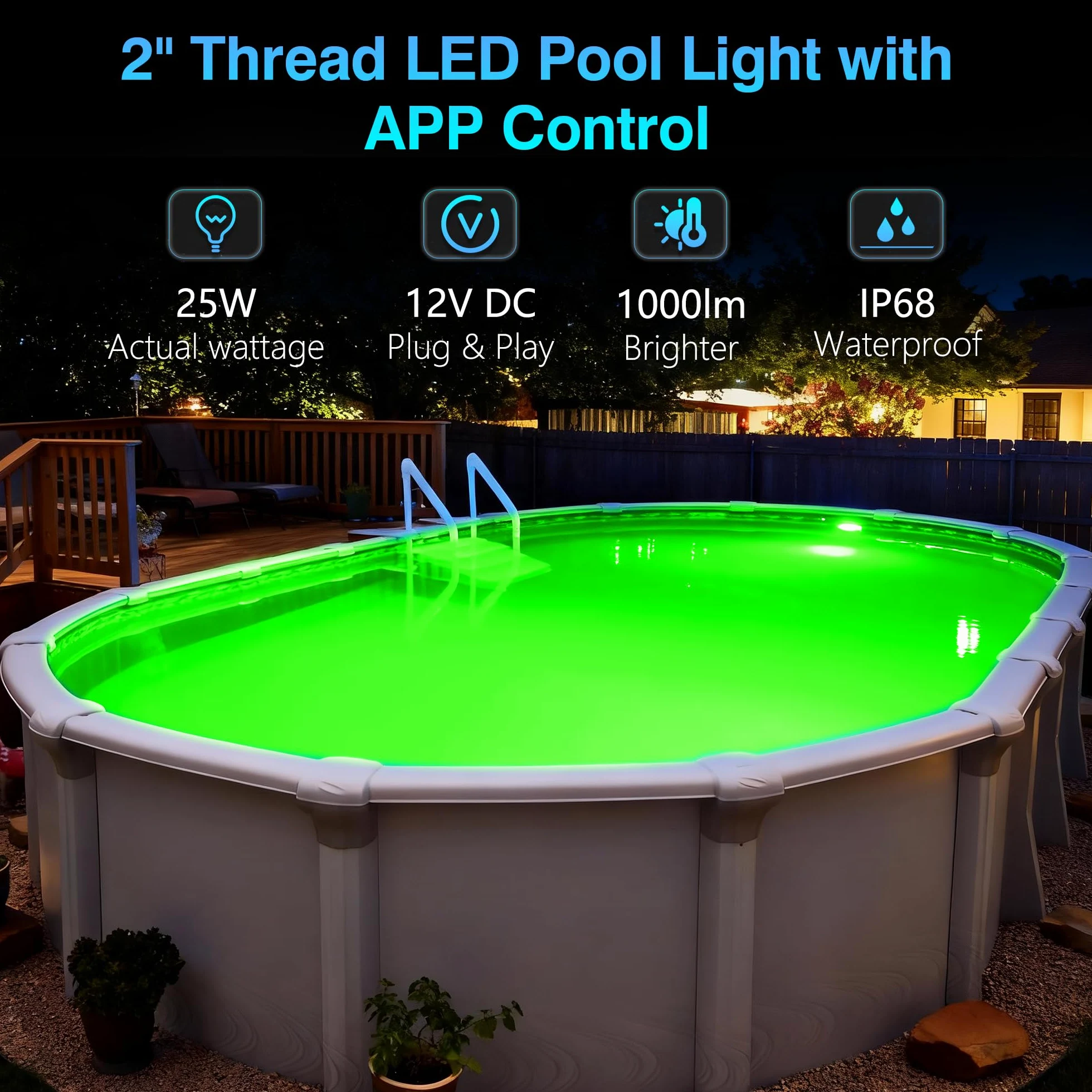 25W Luci Piscina LED con Filettatura 2", 12V RGB Lampade per Piscinas Fuori Terra Acciaio, Controllo APP, Dimmerabile e Timer,IP68 Impermeabile Riempito Resina Faretto Piscinas con Cavo 9,5m