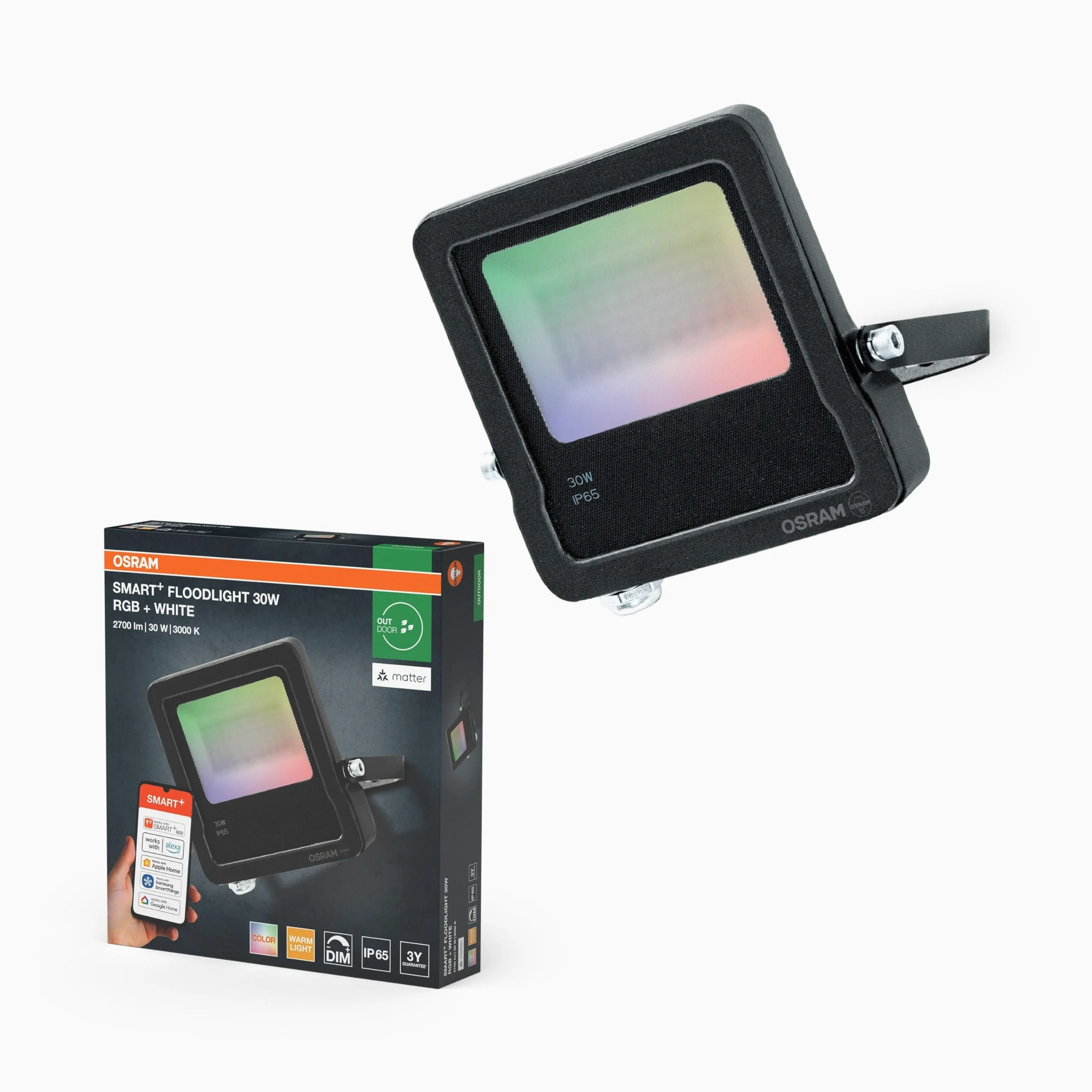 OSRAM SMART+ Matter Faretto LED, 20W, 1600lm, RGBW 16 milioni di colori, 3000K, WiFi, Matter, Alexa/Google, IP65