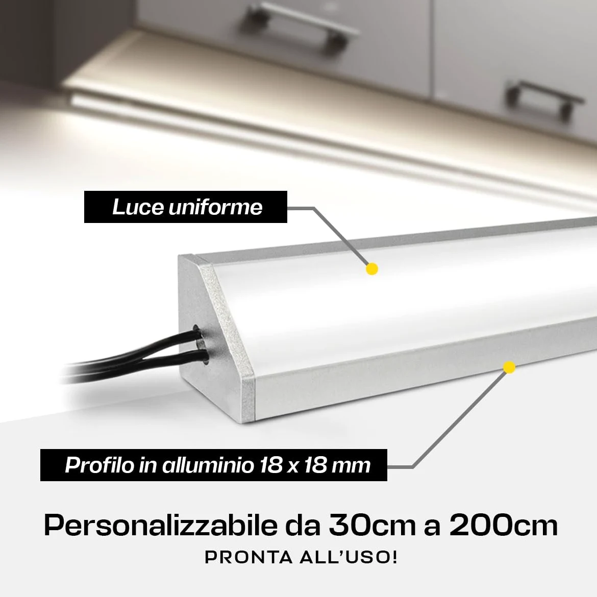 Barretta a Led Angolare con Misura Personalizzabile da 30cm a 200cm - Lampada LED per sottopensili piano cottura scrivania e piano di lavoro - Dimmerabile (180 cm, Luce Naturale 4000K)