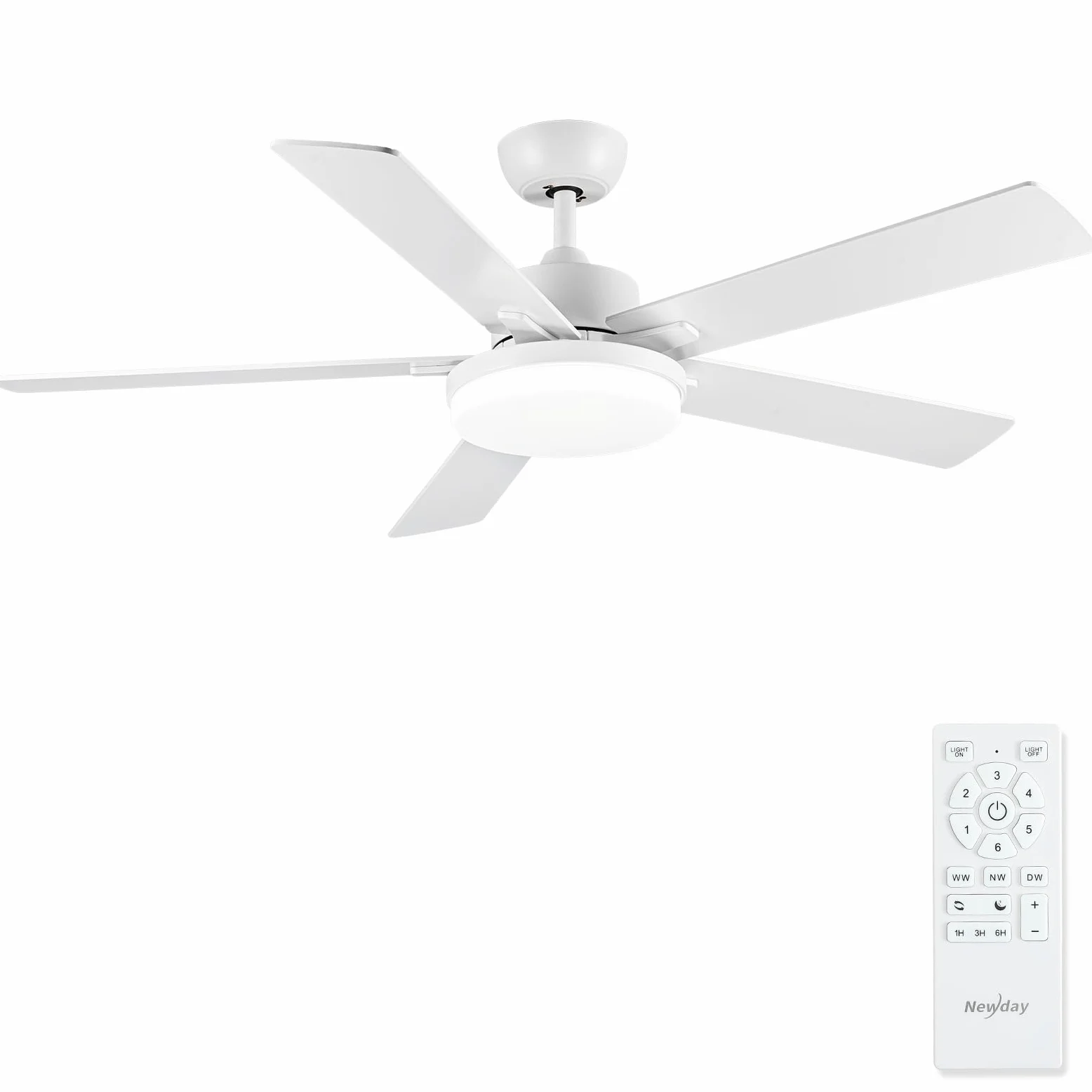Newday 132cm Ventilatore da Soffitto Bianco, Ventilatore da Soffitto con Luce e Telecomando Réversible, 5 Pale da Soffitto con Luce Dimmerabile, per Soggiorno Camera da Letto Cucina Terrazza