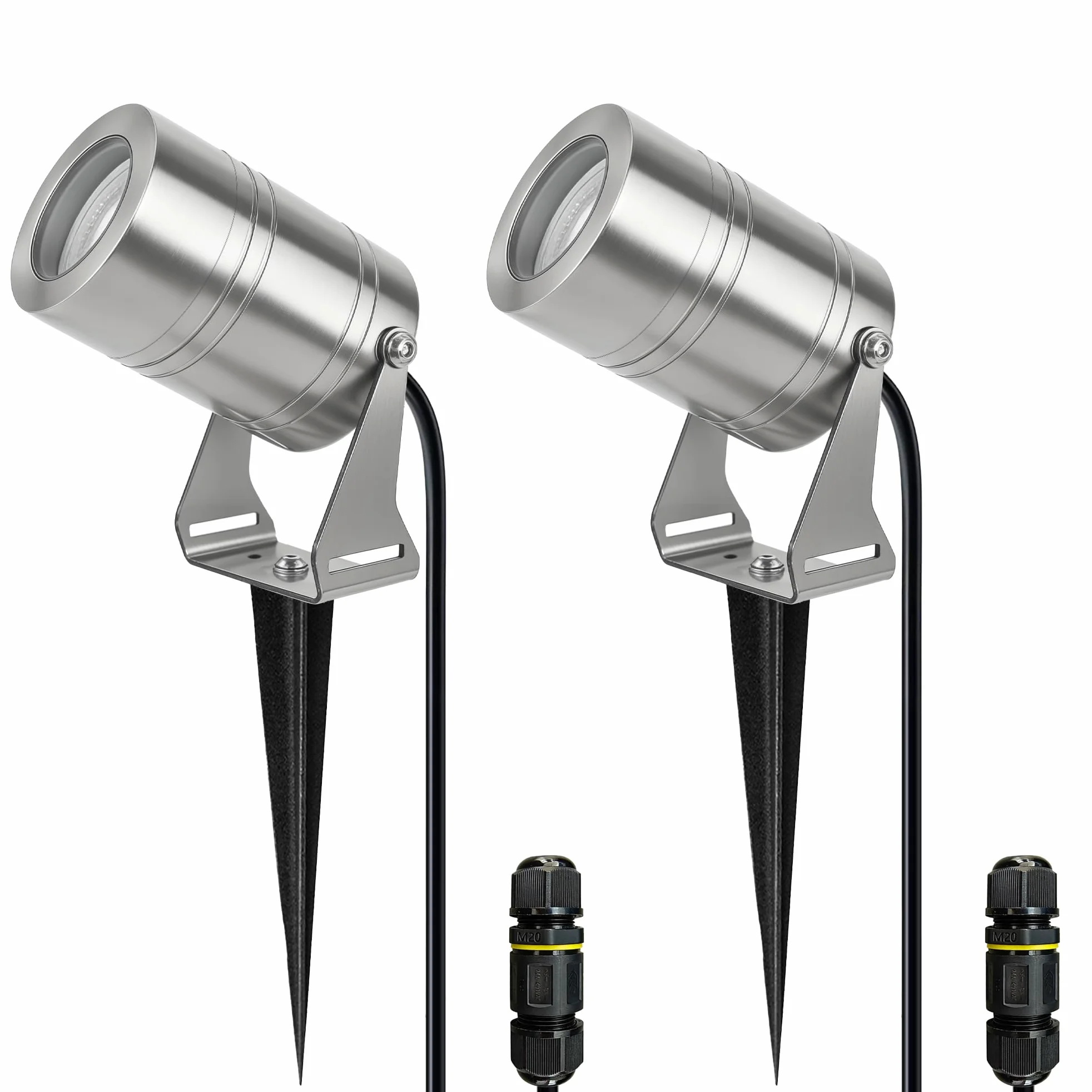 JNR Faretti da Giardino con picchetto da giardino, Argento (2) | Acciaio Inossidabile Faretti IP65 Impermeabile, con Cavo da 2 M e IP68 Connettori, 230V GU10 5W 3000K LED Lampadina Inclusa