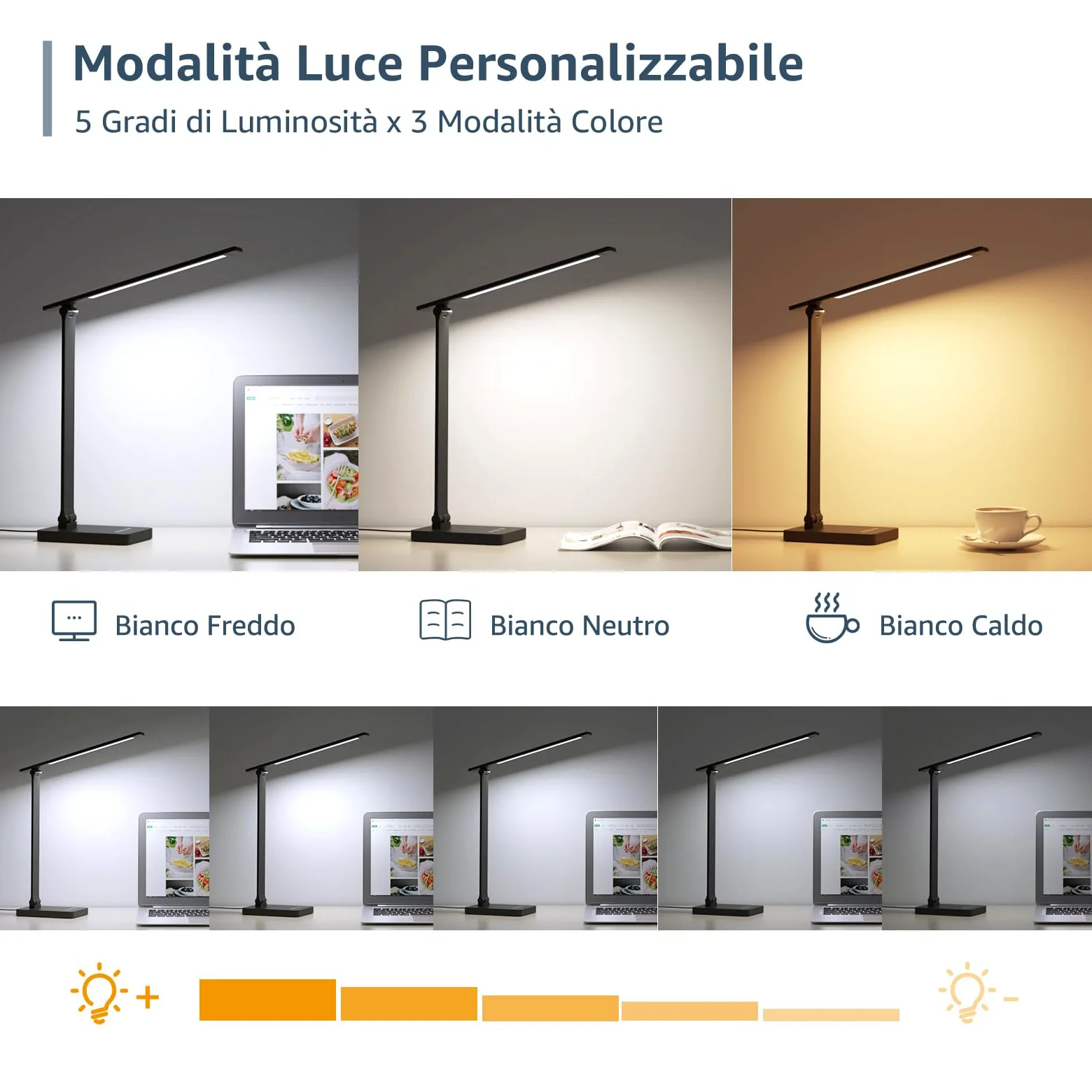 Lepro Lampada da Tavolo LED 15W, Lampada da Scrivania USB Ricaricabile, 3 Colori e 5 Livelli di Luminosità, Dimmerabile, Luce da Lettura Protezione degli Occhi per Ufficio, Camera, Nero