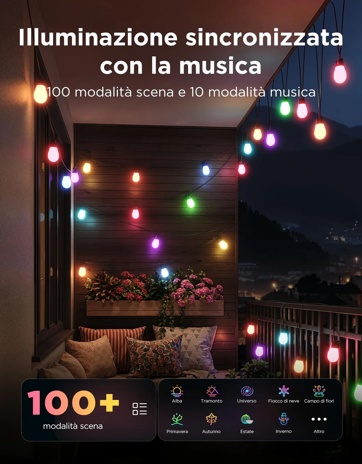 Govee Catena Luminosa Esterno, 15M Lampadine LED RGBIC Bianco Caldo, Controllo APP WiFi con Alexa Luci da Esterno, IP66 Impermeabile, 111 Modalità di Scena, Adatto per Giardino, Balcone, Gazebo