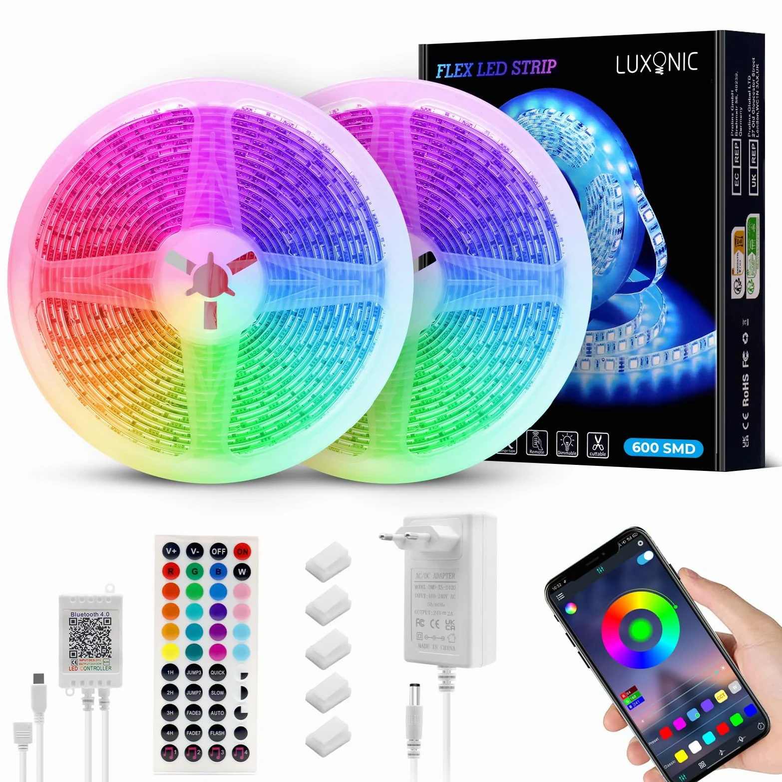 LUXONIC Impermeabile Striscia LED 10m(2X5M), 60 LED/m, 600 LED Super Luminoso, 24V 5050 RGB Esterna Flessibile Luci LED Colorate, APP e Telecomando, Sincronizzazione Musicale, per Cucina, Feste, Bar