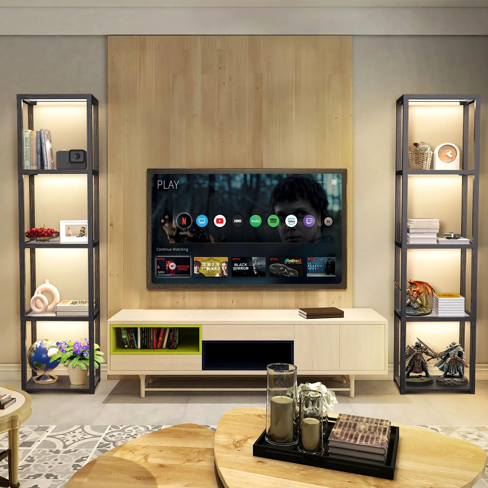 OUTON 170cm Vetrina in Vetro con Luci, Lampada da Terra a LED Dimmerabile con Telecomando e Controllo via App, Libreria Aperta per Oggetti da Collezione per Soggiorno e Camera da Letto, Nera