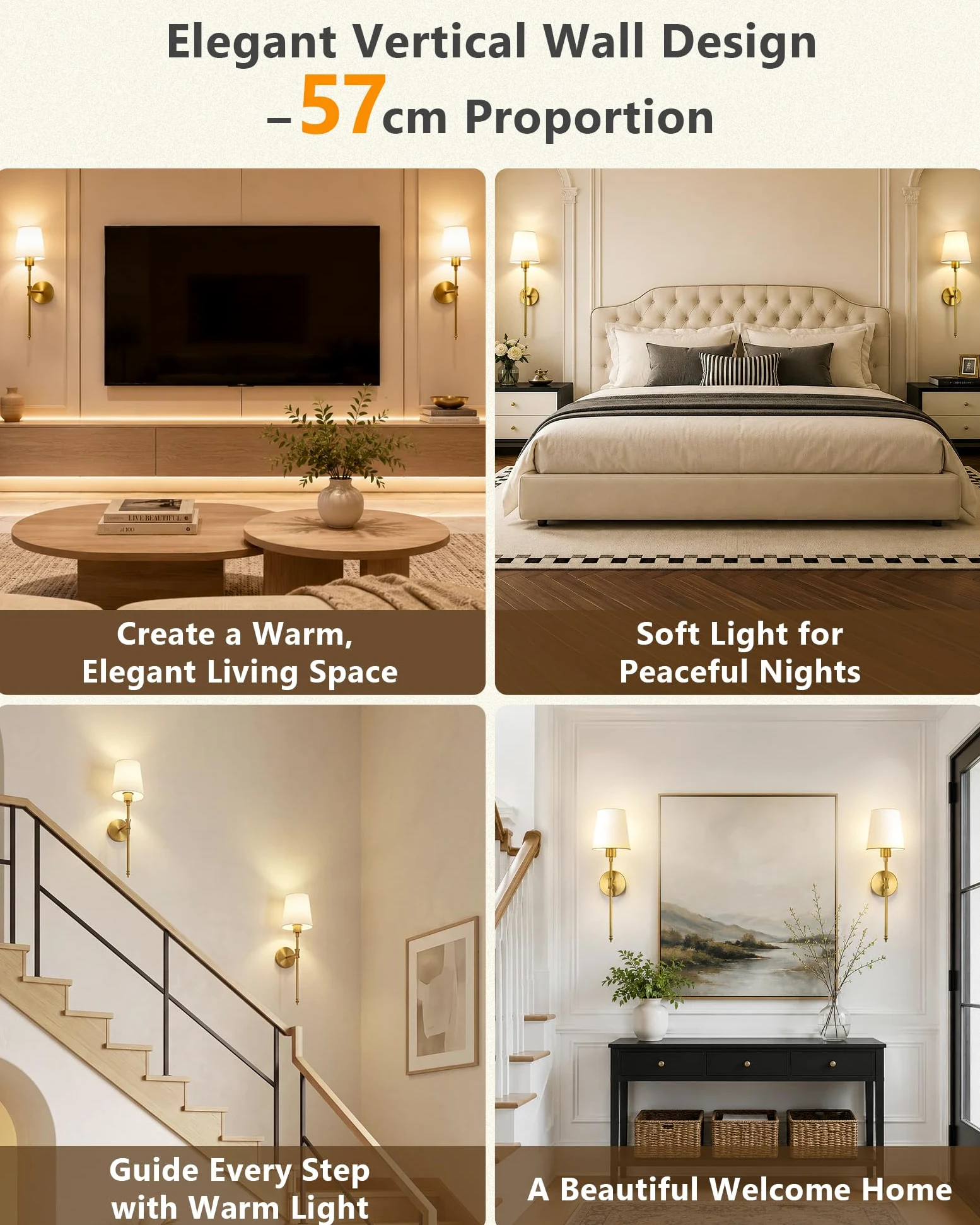 Wandleuchte Innen Akku LED Wandleuchte kabellos oder fest verdrahtbar, RGB Wandlampe mit Fernbedienung, 57 cm Höhe, Wandlichte Innen für Wohnzimmer, Schlafzimmer, Kinderzimmer, Gold VEYA WL04