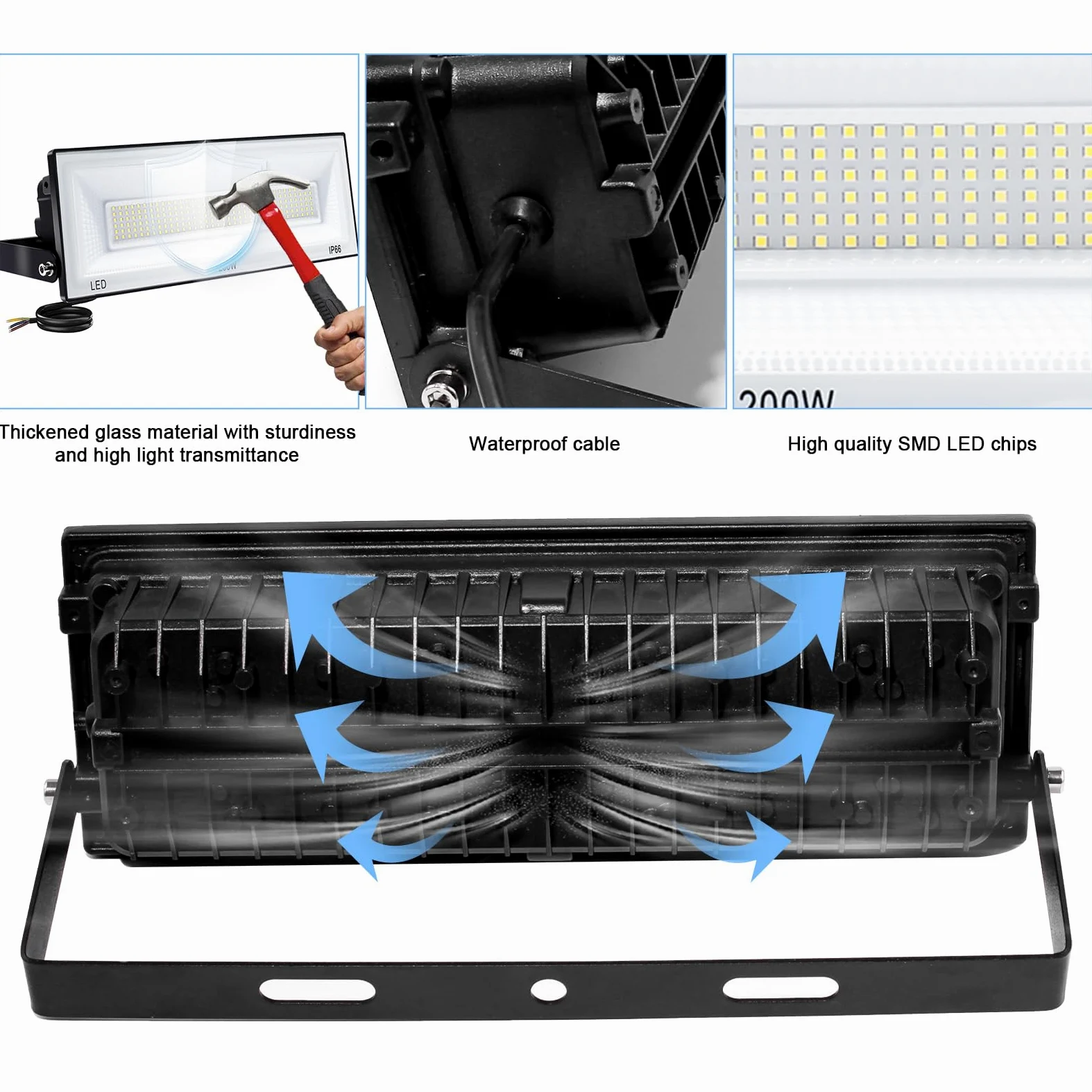 CREATESTAR 200W Faretto LED da Esterno, 24000LM Super Luminoso Proiettore LED da esterno, 6500K Luce Bianco Freddo, IP66 Impermeabile Faretti LED per Giardino, Garage, Stadio, Campo Sportivo