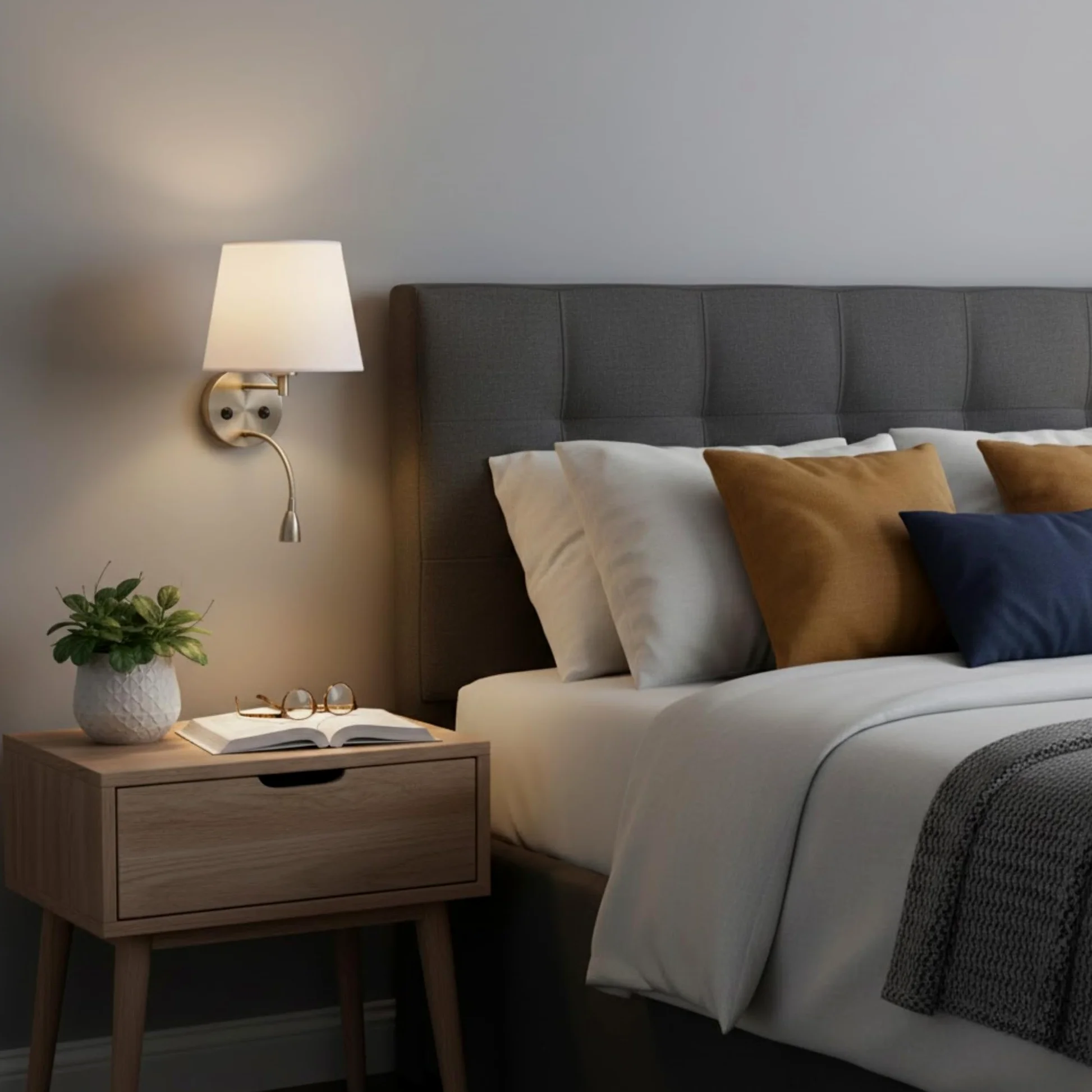 BarcelonaLed - Applique da parete E27 con faretto di lettura orientabile flessibile da 1 W, paralume in tessuto bianco, con 2 interruttore, per camera da letto, testiera del letto, comodino, salotto
