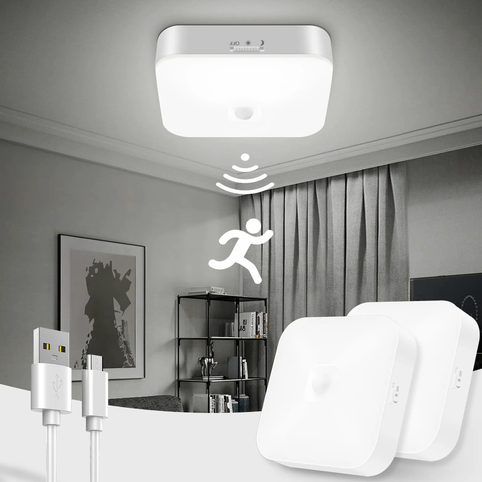 Toowell 2 pezzi Lampada da soffitto con sensore di movimento interno, lampada LED con batteria, ricaricabile, alimentata a batteria, per bagno, cantina, corridoio