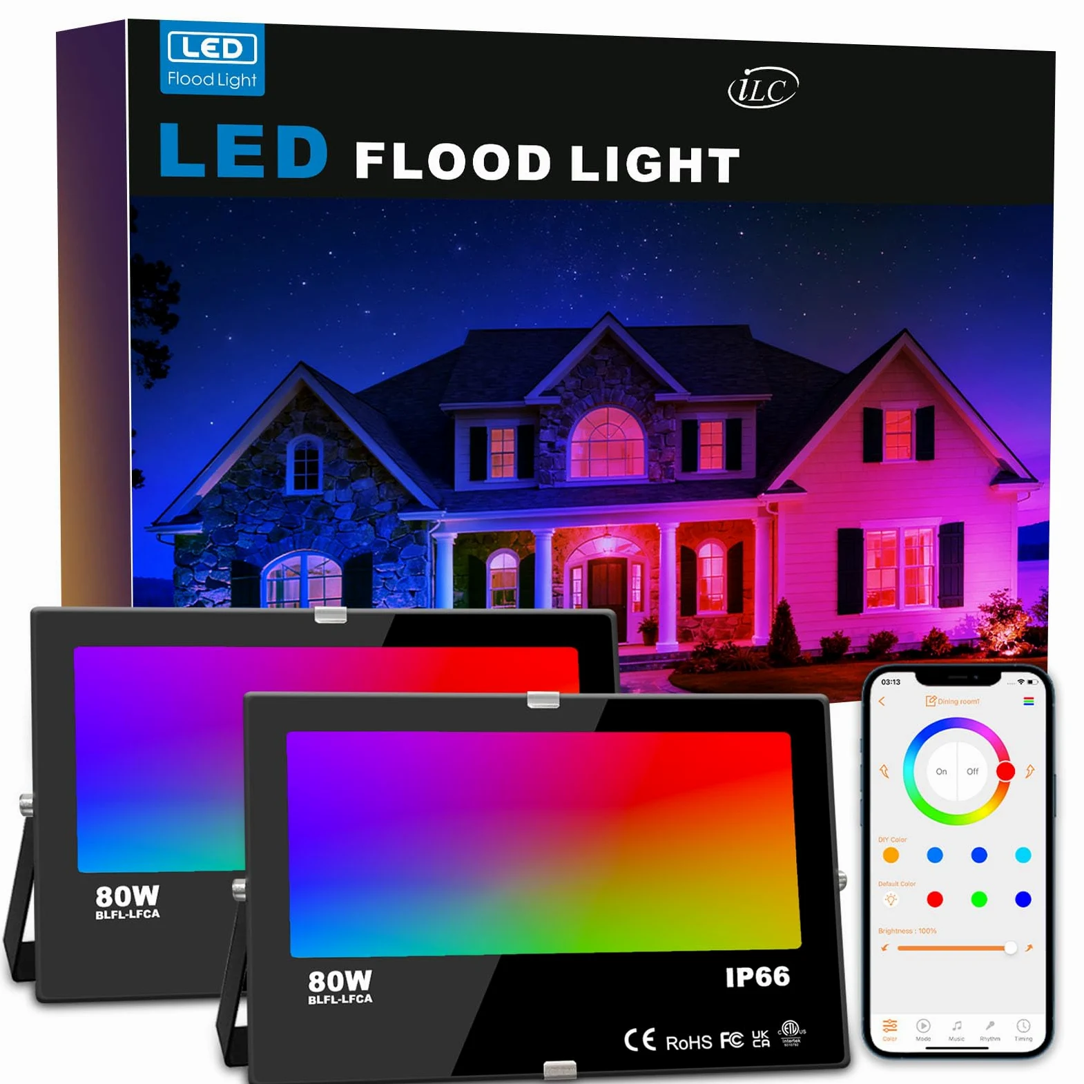 iLC LED Faretto Esterno 80W, equivalente a 800W, Cambio Colore Rgbw, 16 Milioni Colori, Raggruppamento, Timer 8000 lumen, Bianca Calda 2700K, Impermeabile Ip66 (2 pacchi)