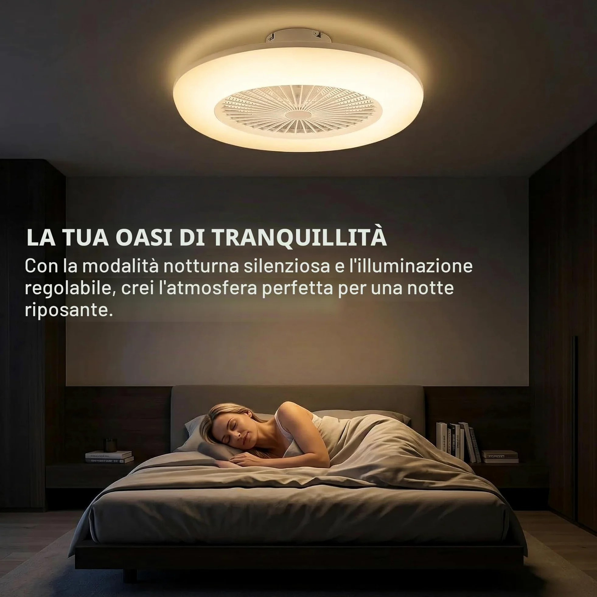 Fiqops Ventilatore da soffitto con illuminazione e telecomando 80 W, Wi-Fi Ø 55 cm, 6 velocità, dimmerabile, timer, funzionamento estivo invernale per camera da letto, soggiorno