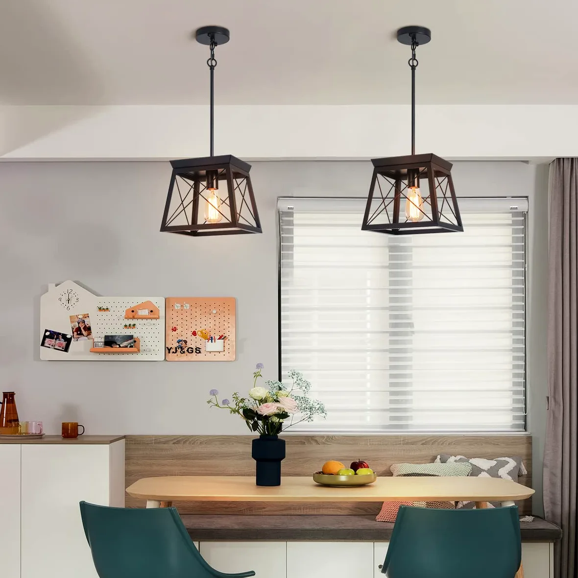 Ganeed Lampada a sospensione da fattoria Gabbia in metallo Lampadario a lanterna rustica regolabile in altezza per cucina Isola Sala da pranzo Camera da letto Foyer E27 Nero 1 luce