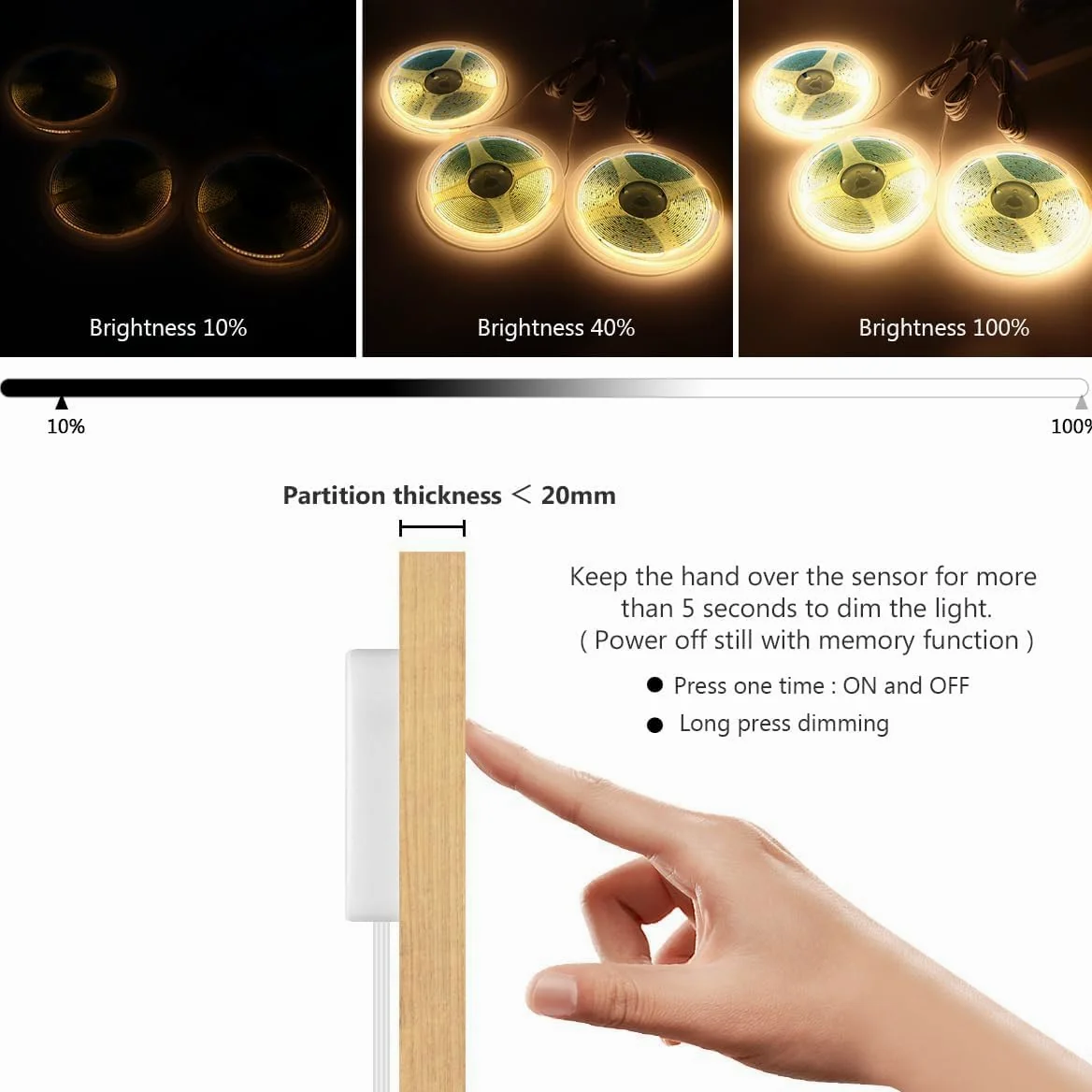 Luce LED per armadio COB 6 in 1 dimmerabile con controllo touch, ideale per cucine, guardaroba, cantinette e scaffali - Luci frontali (luce calda, 1M)
