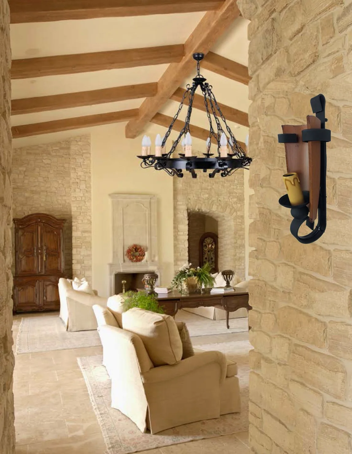 Rustiluz 49362 - Applique da parete in ferro battuto con tegola, stile rustico