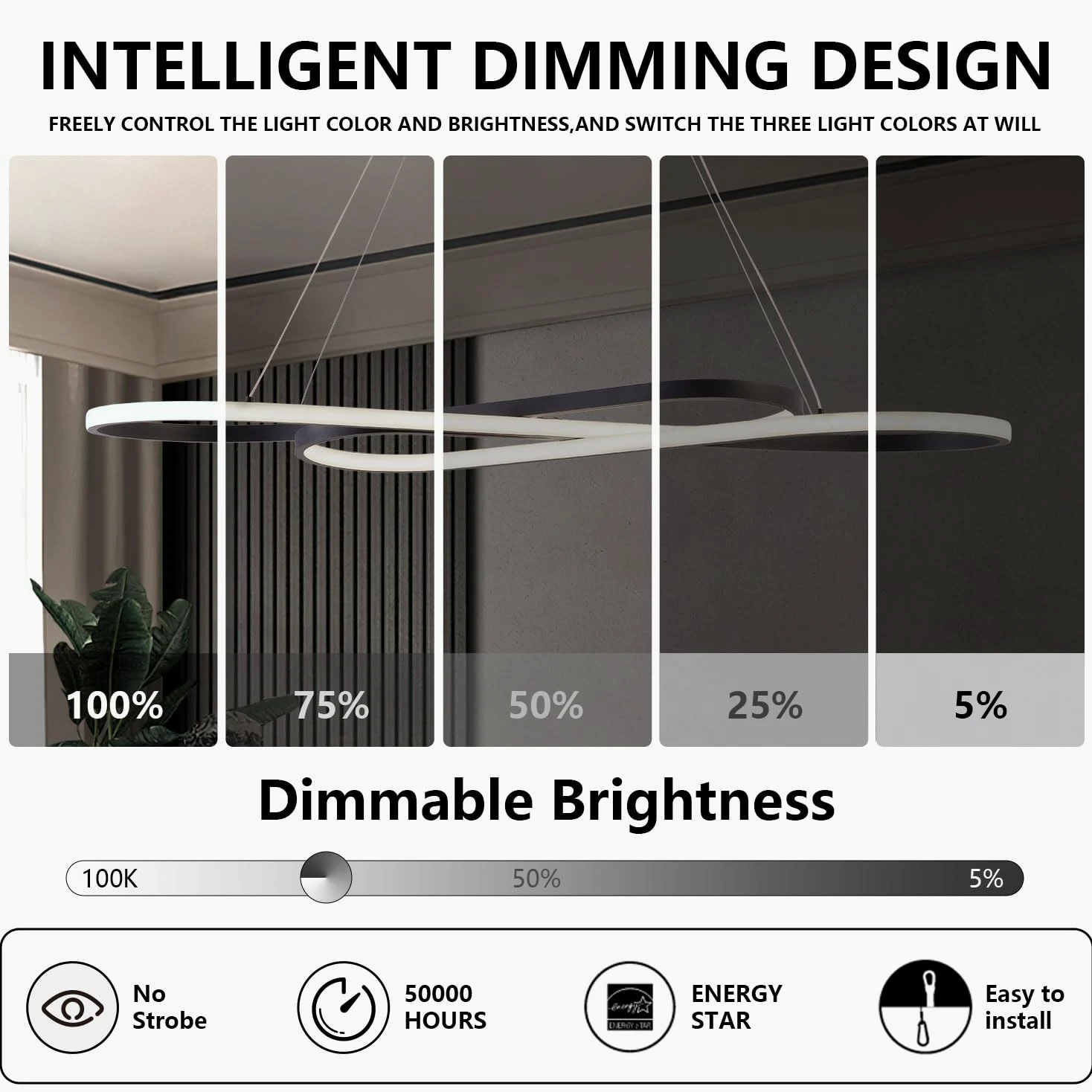 Lampadario Moderno a LED Dimmerabile Nero per Sala da Pranzo - Luce Sopra il Tavolo, Illuminazione Moderna per Isola Della Cucina con Telecomando, Altezza Regolabile