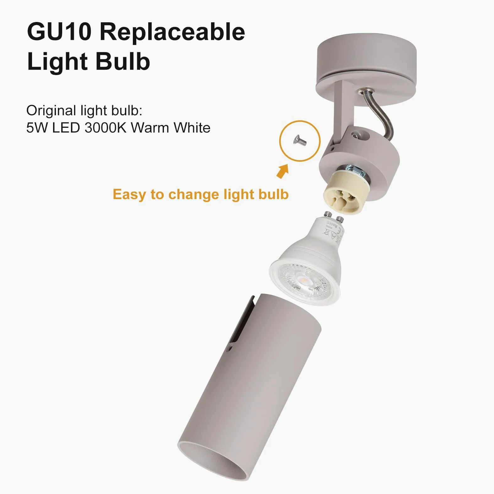 DAWALIGHT Plafoniera LED Faretti GU10 5W 3000K Bianco caldo Faretto Orientabile da Parete Luci da Soffitto per Interni Cameretta Soggiorno Camera da Letto, Grigio sabbioso, Alluminio