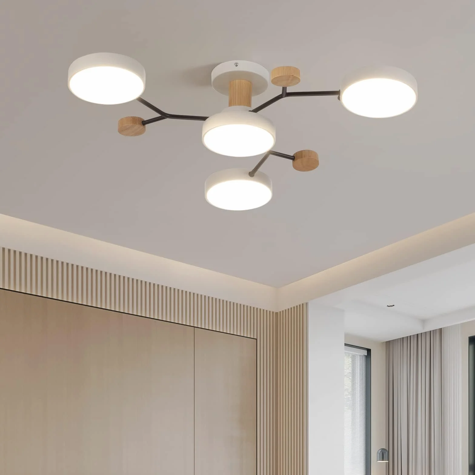 4 teste LED soffitto, 36W bianco neutro 4500K, legno Decor soffitto lampadario Ø66cm per soggiorno cucina sala da pranzo casa ufficio camera dei bambini