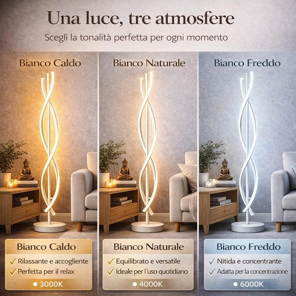 Arcadia Lampada da Terra LED Moderna Forma di Spirale | Piantana Design Contemporaneo | Luce Calda/Fredda | Lampada Salotto Camera da Letto Studio, Arredo Interni Elegante 150 cm (Bianco)