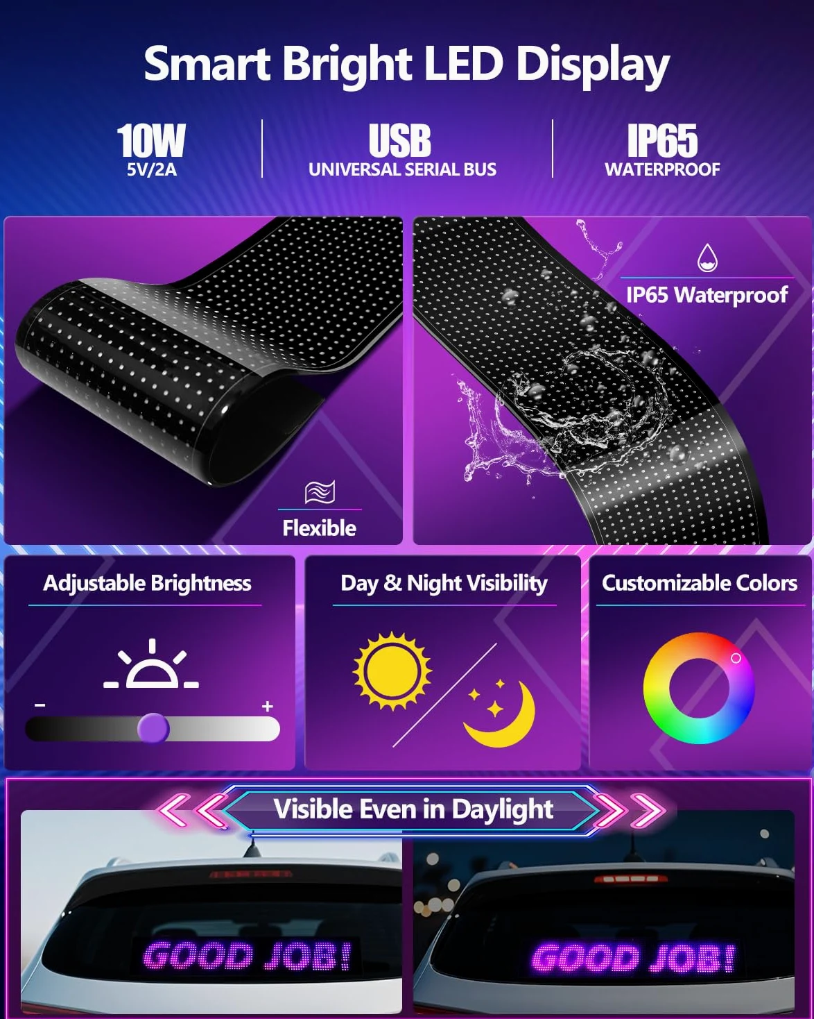 Insegna Luminoso LED Flessibile Programmabile | 59 X 12 cm | LED Display Personalizzabile USB 5V per Auto Camion | Controllo via App Bluetooth | per Negozio e Pubblicità