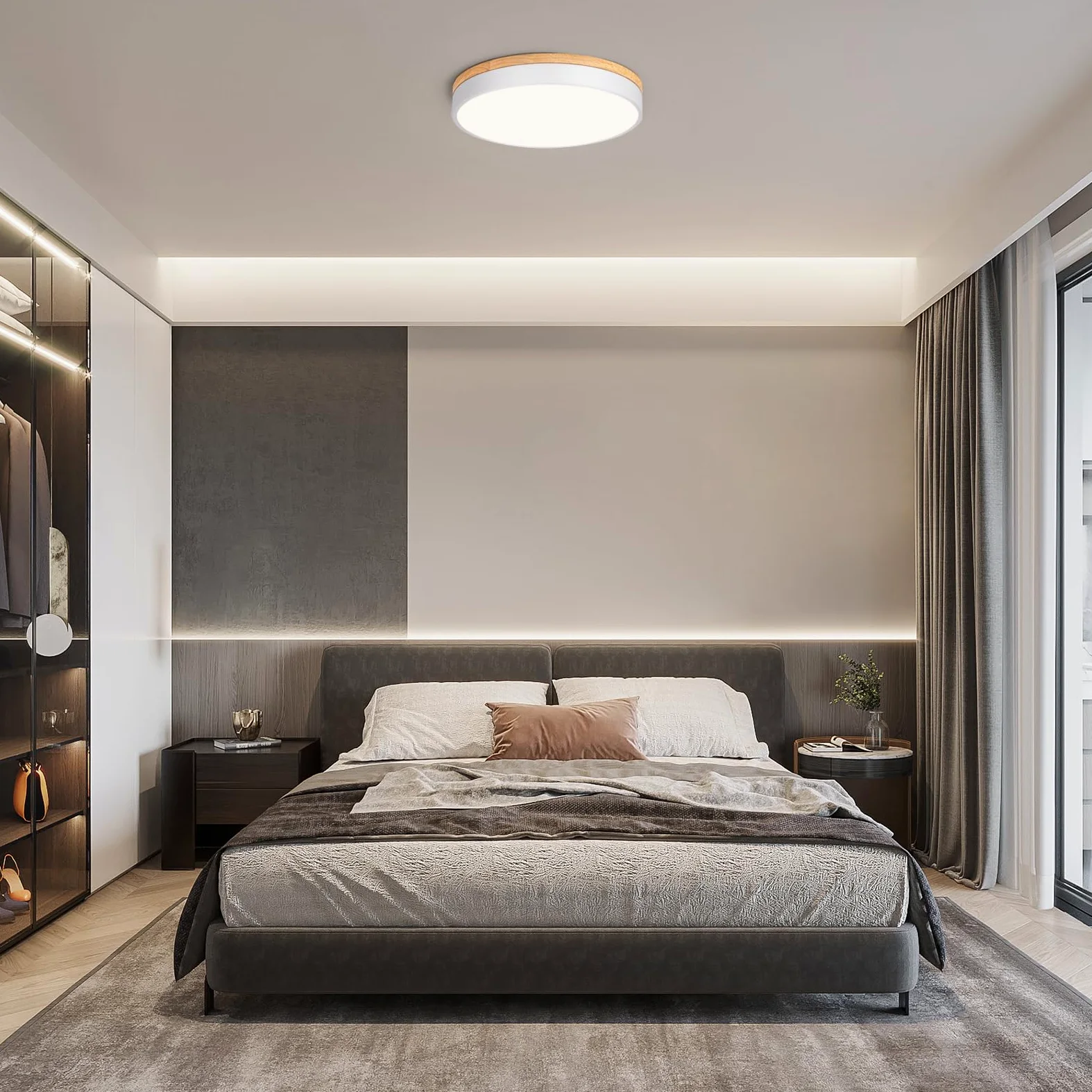 Qamra Plafoniera LED, Plafoniera Bianca 40cm, 36W | Lampada con Legno per camera da letto, soggiorno, cucina, corridoio, sala da pranzo, 4000K