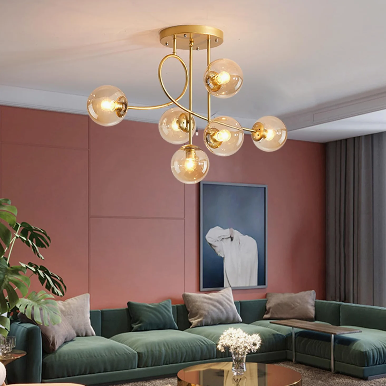 Lampadario moderno a soffitto E27 a 6 luci, lampadario a sospensione vintage in metallo con sfera di vetro E27 per camera da letto, soggiorno, cucina, loft, diametro 90 cm