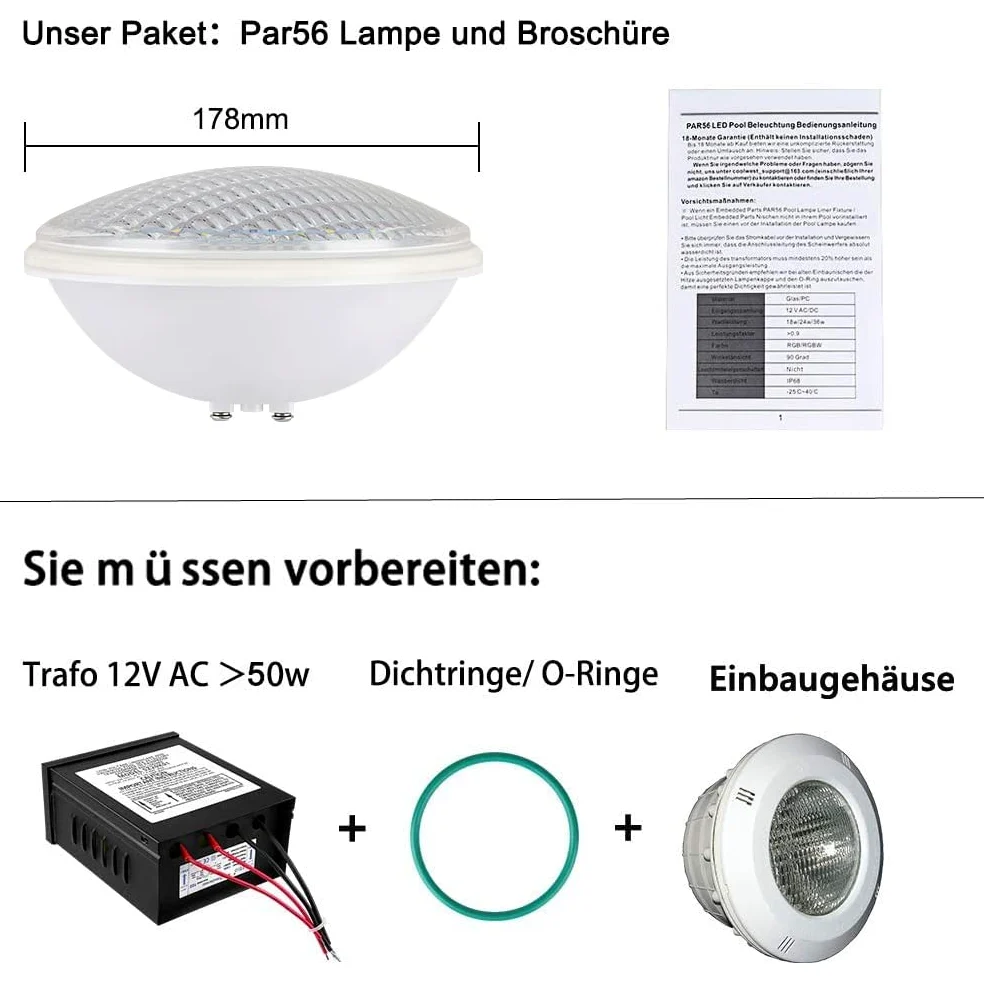 LED PAR56 36 W, PC bianco freddo, illuminazione per piscina, 12 V, 6000 K, Ip68, luce subacquea, illuminazione a LED per piscina, illuminazione a LED per piscina