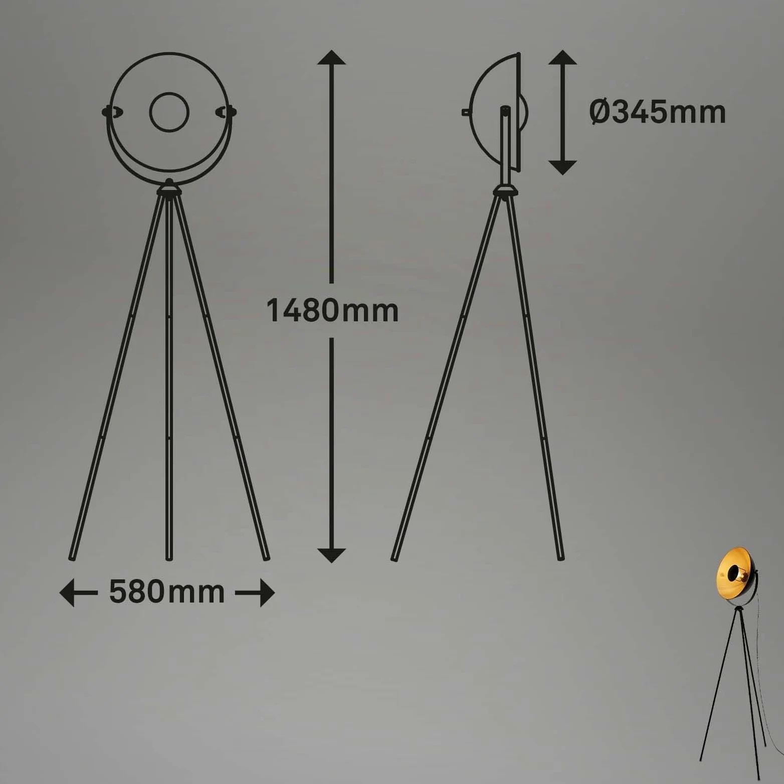 BRILONER - Lampada da terra retrò con interruttore a pedale, orientabile, attacco E27 max. 60 watt, piantana, lampada da lettura, lampada da soggiorno, lampada da pavimento, 58x34,5x148 cm, nero-oro