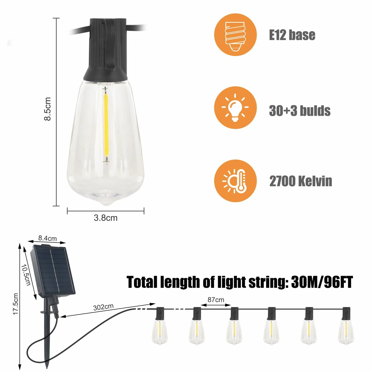DGE Luci solari a festone per esterni, 25 m, impermeabili, con 8 modalità e 30 + 3 lampadine ST38, infrangibili, IP65, impermeabili, per esterni, gazebo, cortile, balcone, feste