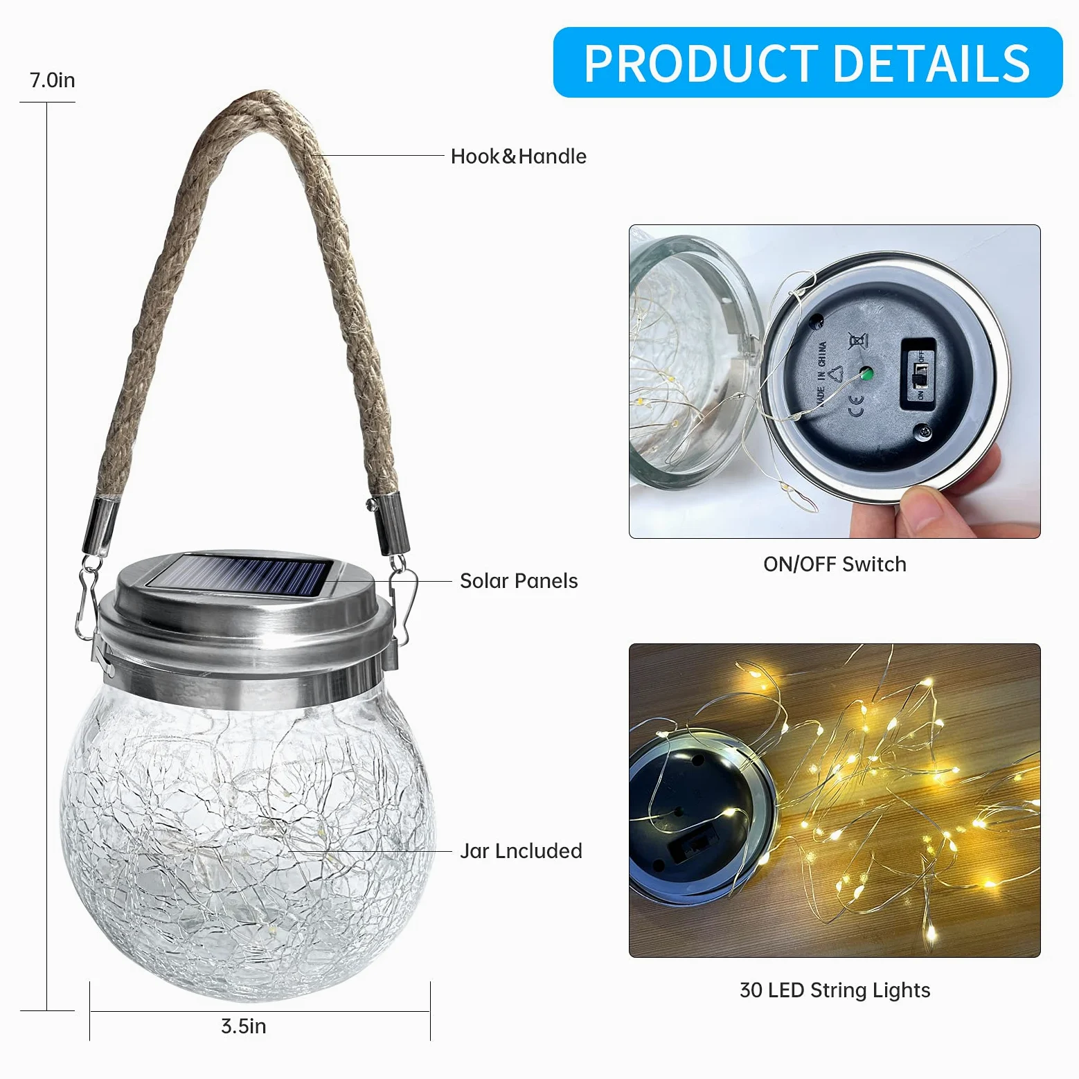 XVZ Lanterne Da Esterno, 2 Pezzi IP65 Impermeabili Lampade Solari Sospese in vetro sferico per Giardini, Cortili, Alberi, Gazebo, Natale, Feste - Bianco Caldo