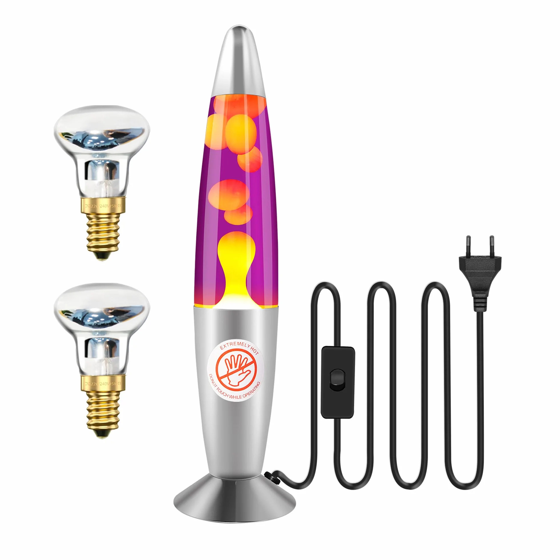 Lampada Lava 34 cm Viola e Gialla – Lampada a Lava Retrò Decorativa – 2 Lampadine R39 25W E14 – Luce d’Atmosfera Rilassante per Camera e Soggiorno, Idee Regalo