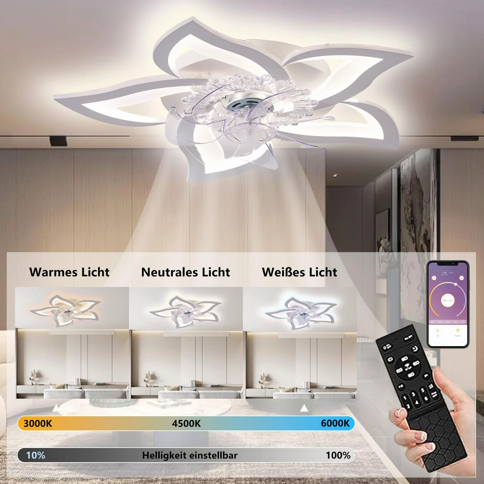 Ventilatore da soffitto silenzioso a LED con illuminazione,plafoniera da camera da letto 50W,con telecomando e lampada dimmerabile APP con ventilatore Paralume in acrilico a forma di fiore Lampade