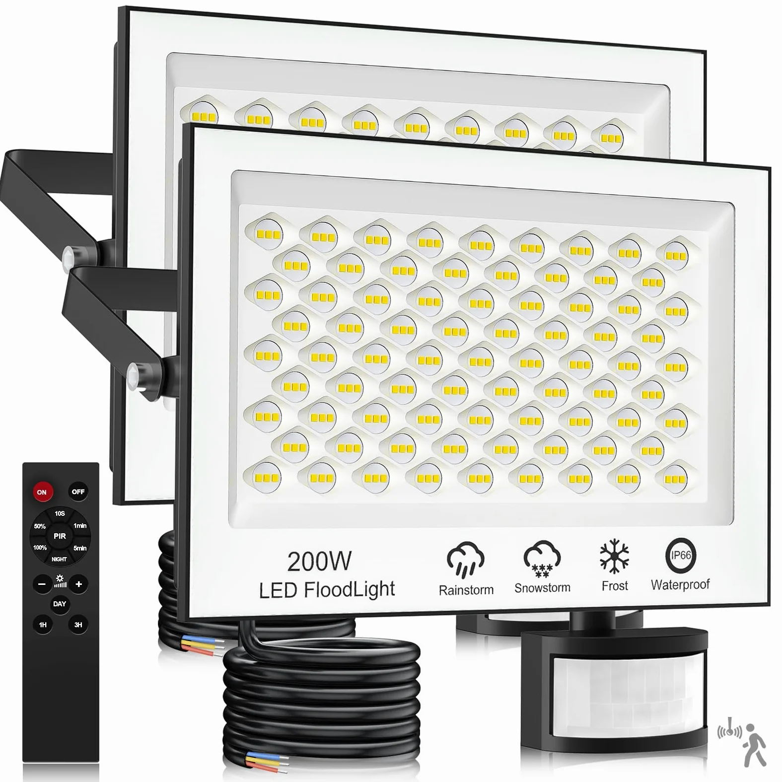 Faretto LED da Esterno con Sensore di Eovimento - 200W 20000LM Faretto LED da Esterno, 6500K Bianca Fredda Faro LED Esterno IP66 Impermeabile Faretto con Sensore di Movimento per Patio Garage 2 Pezzi