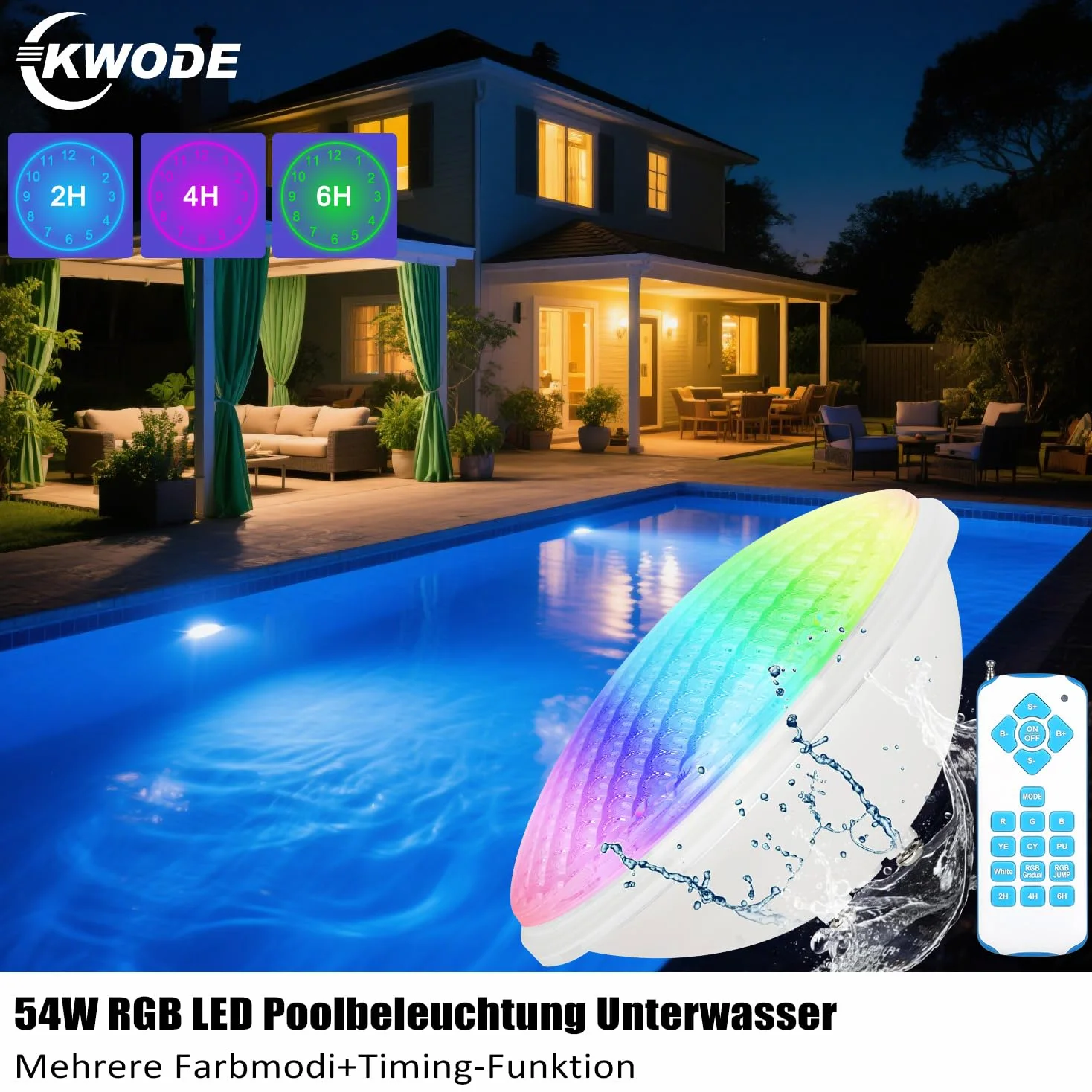RGB Poolbeleuchtung, 54 W PAR56 Pooscheinwerfer Timing 2/4/6H con telecomando, lampada da piscina IP68 impermeabile, 12 V AC/DC