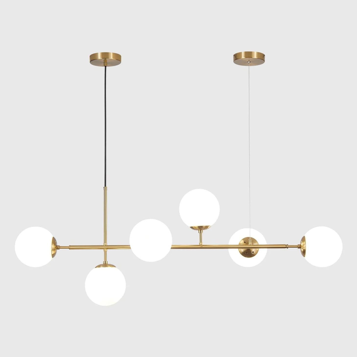 KCO Lighting Lampadario in vetro lattimo a 6 luci, lampadario lineare moderno a globo, lampada a sospensione bianca e oro Lampadario rettangolare di metà secolo per isola cucina