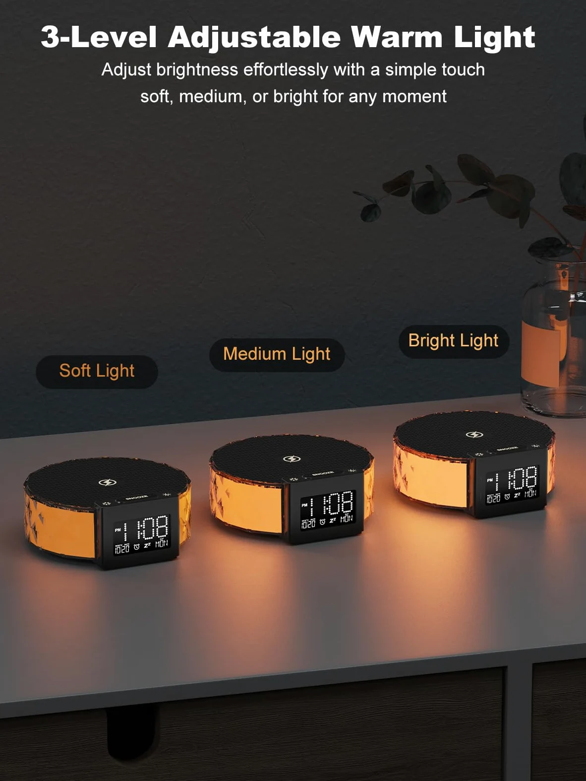 Smiling Shark Lampada Sveglia, Intelligente Sveglia Luce Ricarica Wireless con Timer Snooze Controllo Touch 3 Luminosità e Effetto RGB Wake Up Light Alarm Clock Charger per Comodino