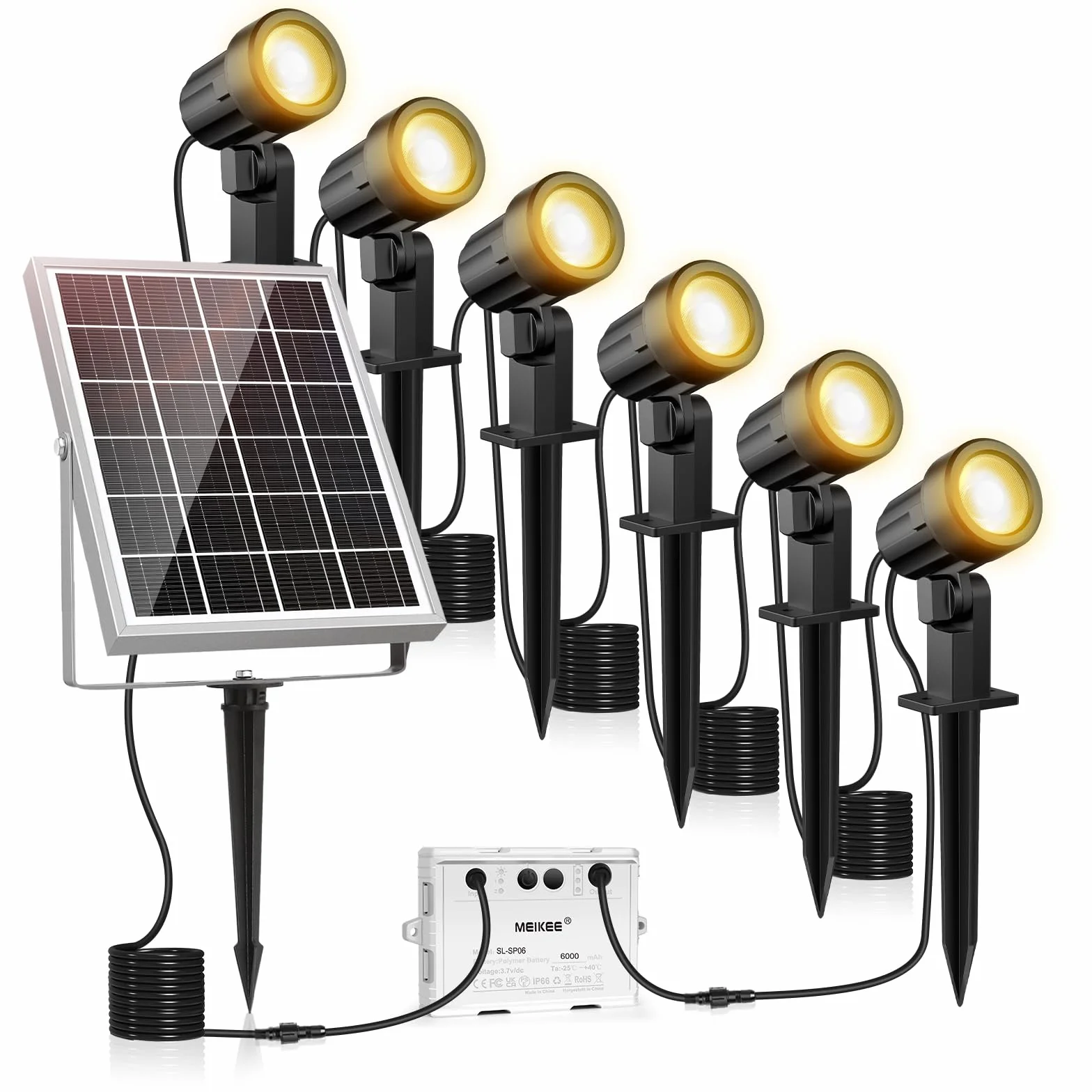 MEIKEE Faretti Solari Esterno, 6 in 1 Faretto Solare LED da Esterno Impermeabili IP66, 6W 6000mAh Luci Solari Blanco Cálido 3000K 3 Luminosità 3 Modalità per Patio Prato Giardino